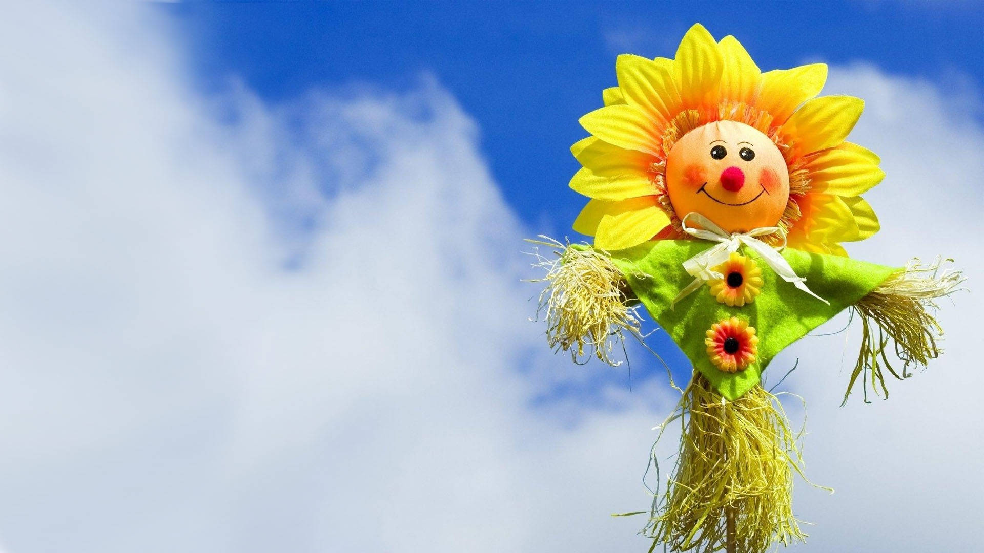 sunflower scarecrow, smiling face, green shirt, Full HD Desktop Wallpaper