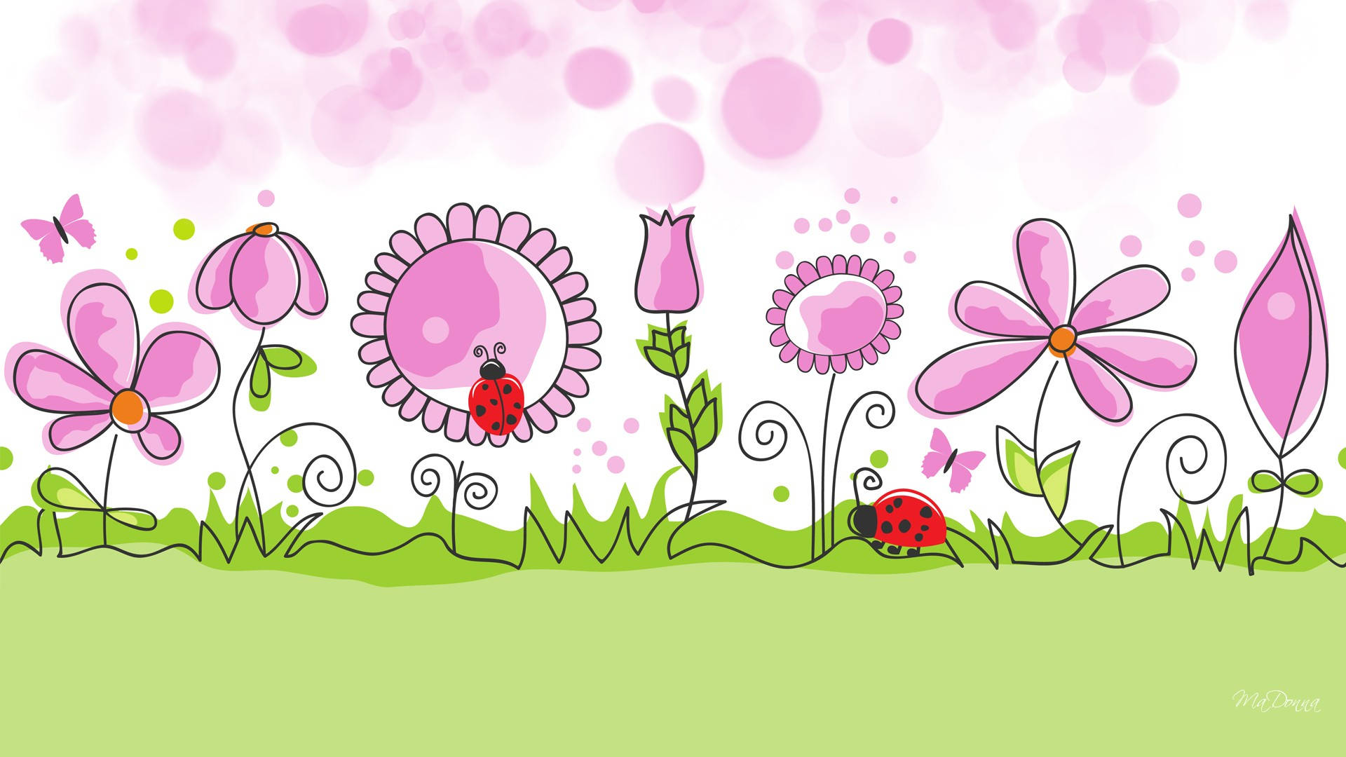 Cute Spring, pink flowers, green grass, Full HD Desktop Wallpaper