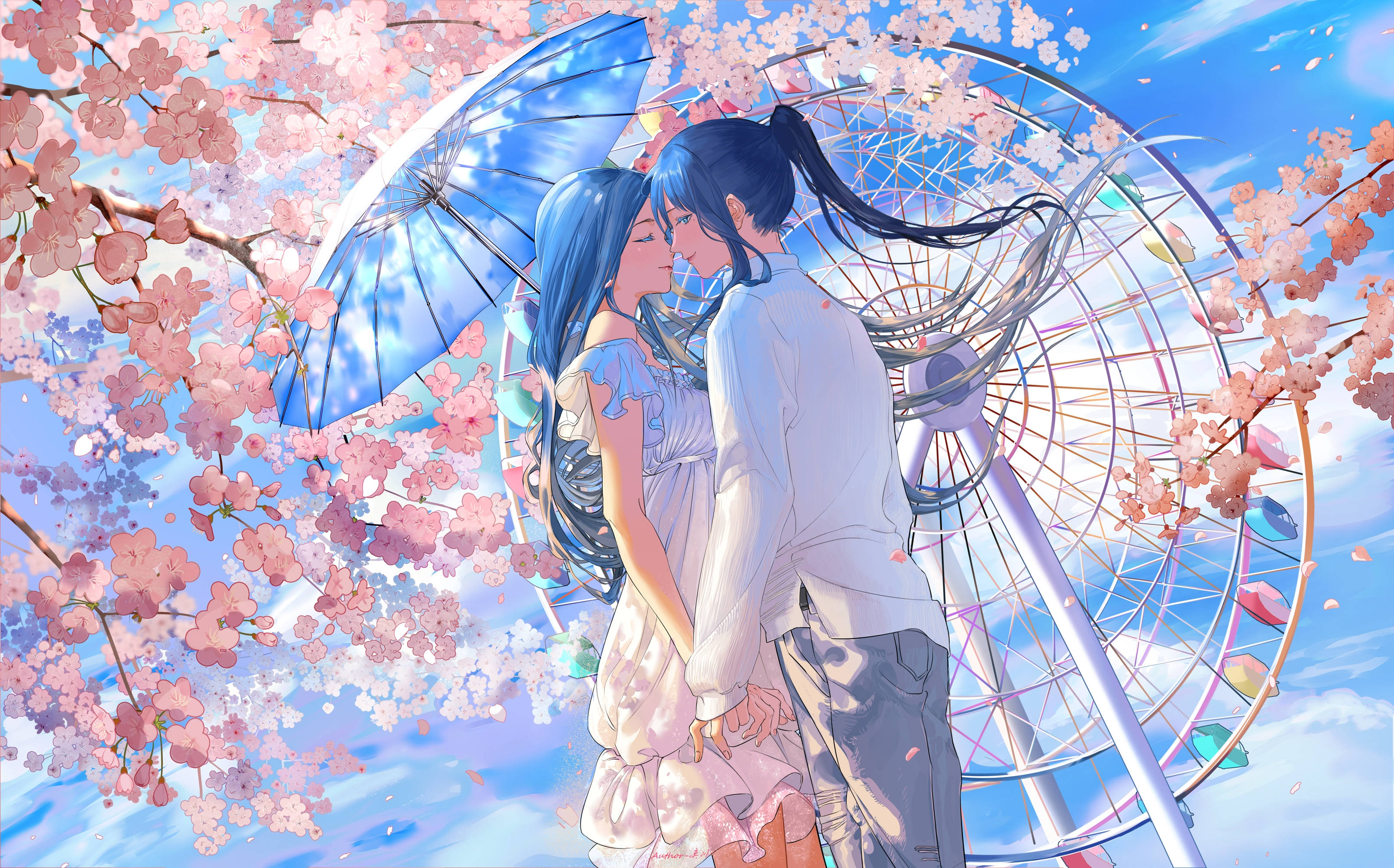 Cute Spring Anime Couple, blue umbrella, cherry blossoms, 2K Desktop Wallpaper