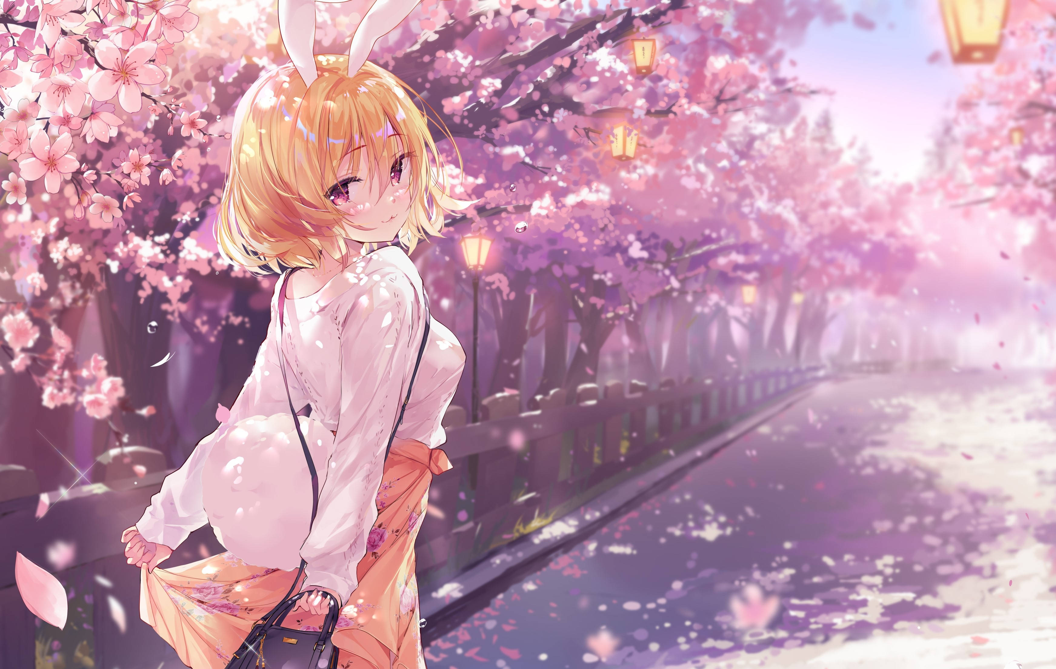 anime bunny girl, cherry blossoms, pink lantern-lit air, 2K Desktop Wallpaper