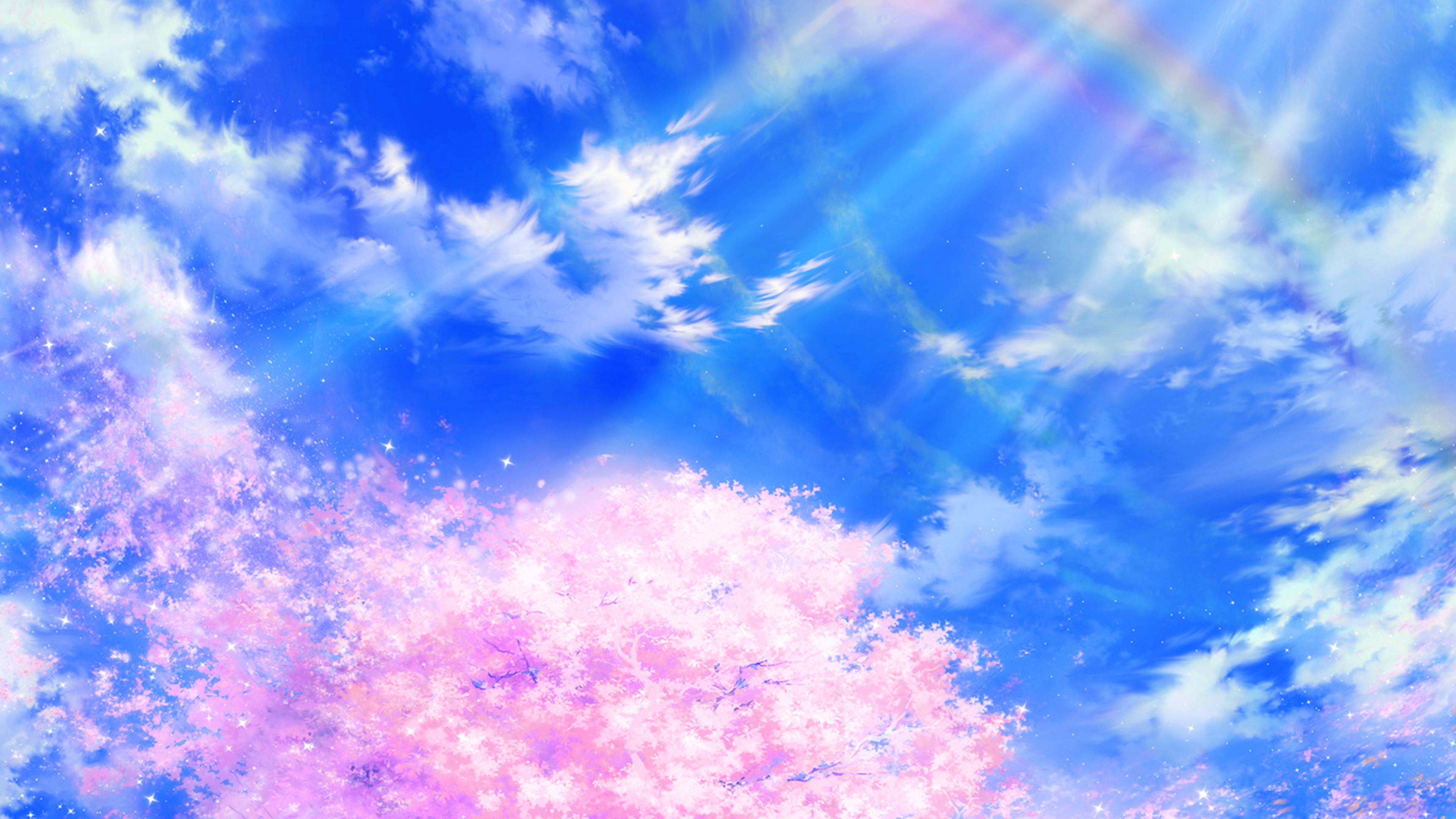 Cute Spring, anime-style cherry blossom tree, radiant blue sky, 4K Desktop Wallpaper
