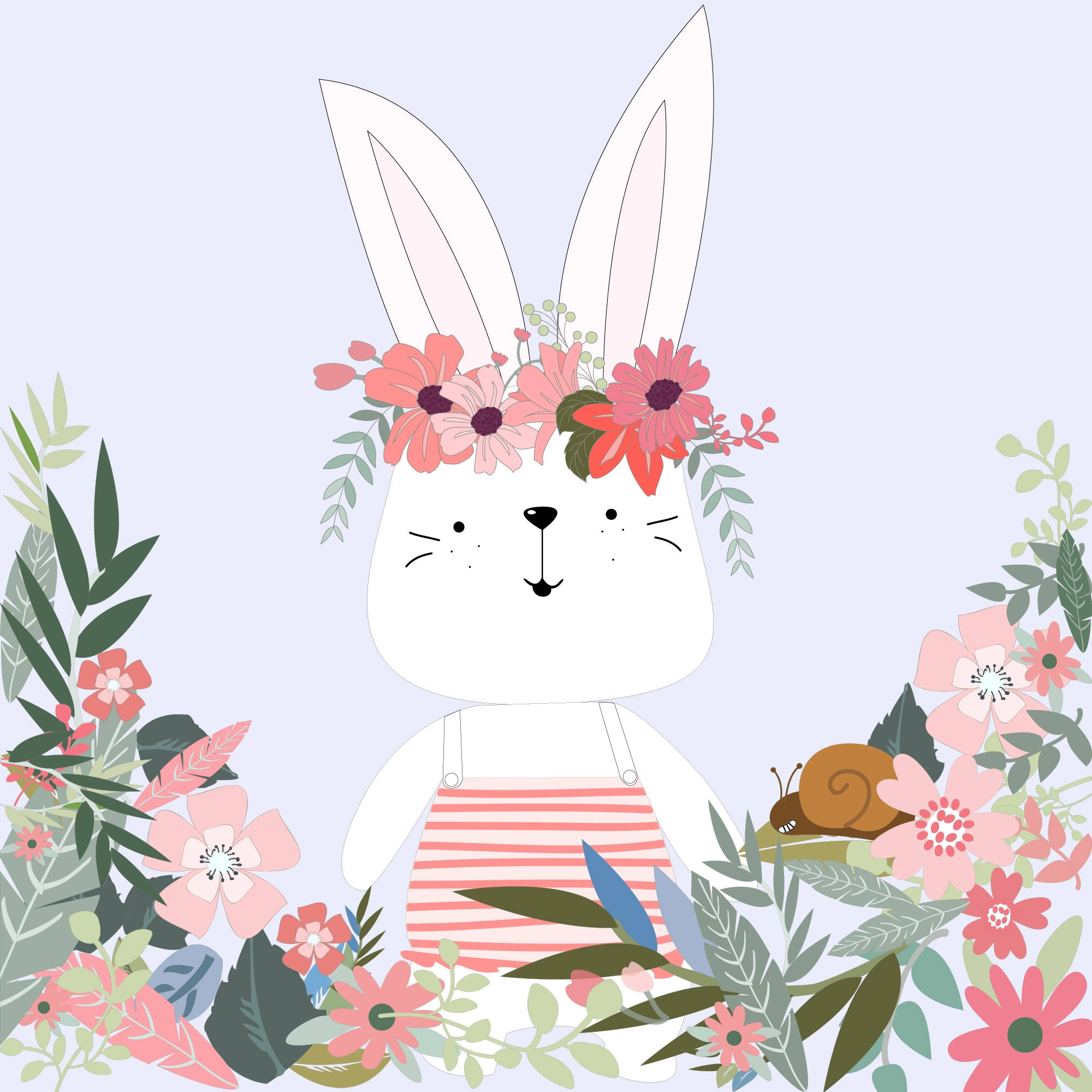 cute spring, cartoon bunny, pink floral crown, Full HD Desktop Wallpaper