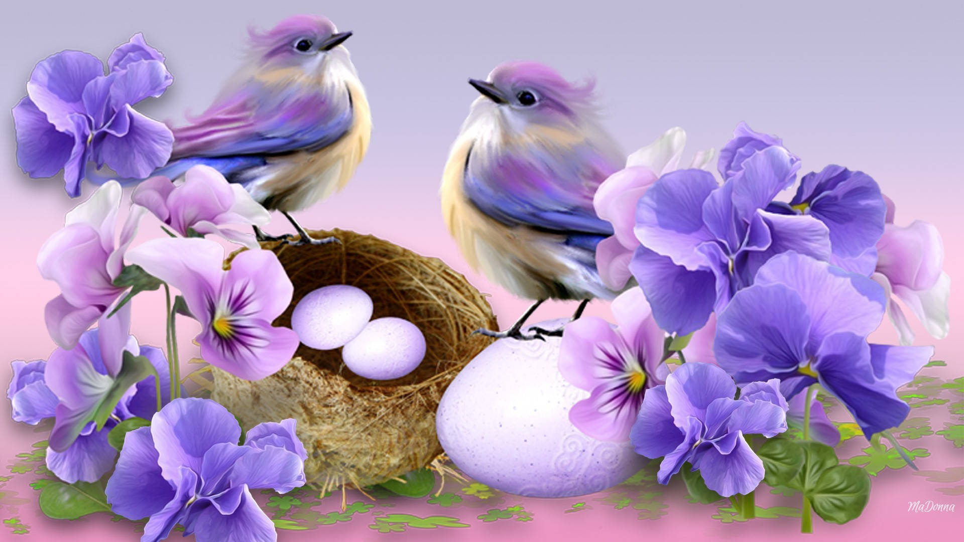 Cute Spring Lilac Birds, lilac, vibrant purple flowers, Full HD Desktop Wallpaper
