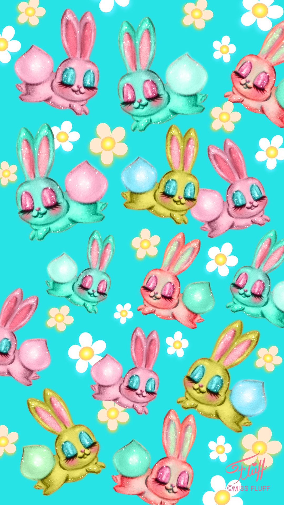 cute spring bunny pattern, pastel bunnies, glittery cheeks, Full HD Phone Wallpaper