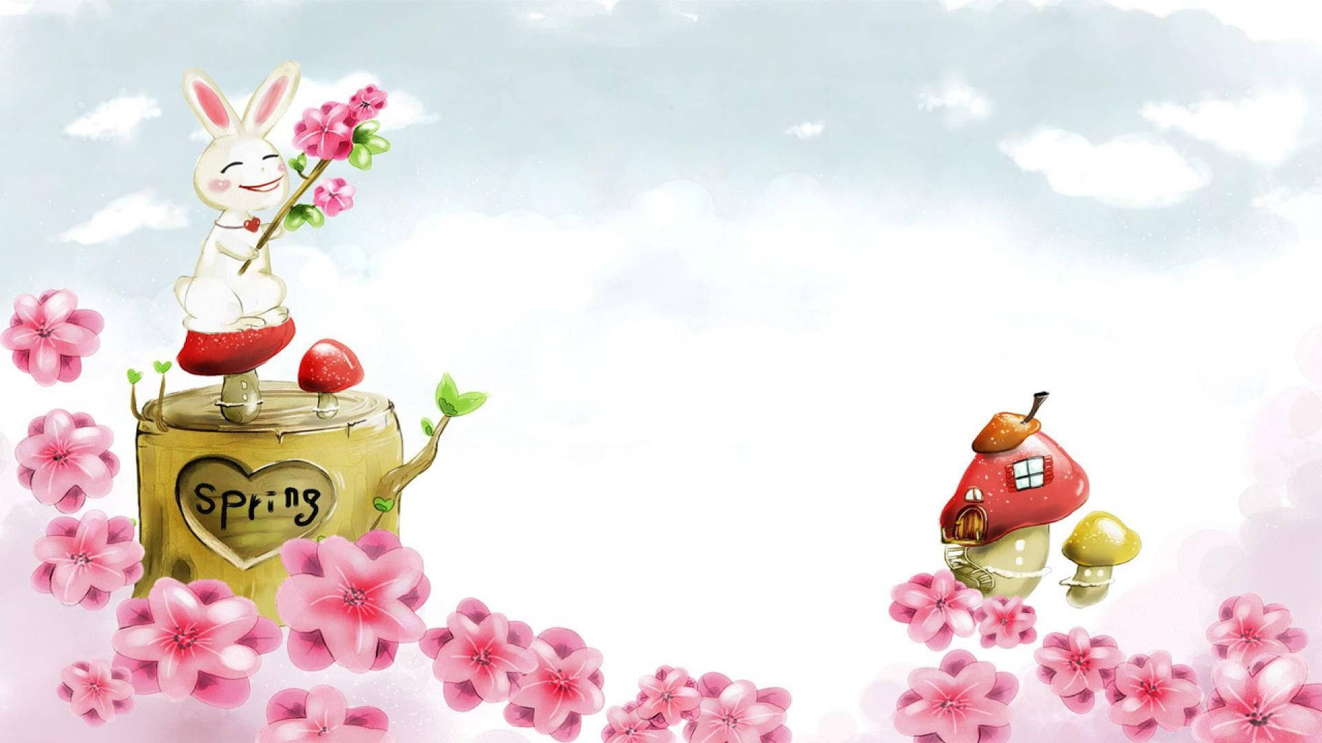 Cute Spring, cartoon bunny, wooden post labeled Spring, Full HD Desktop Wallpaper