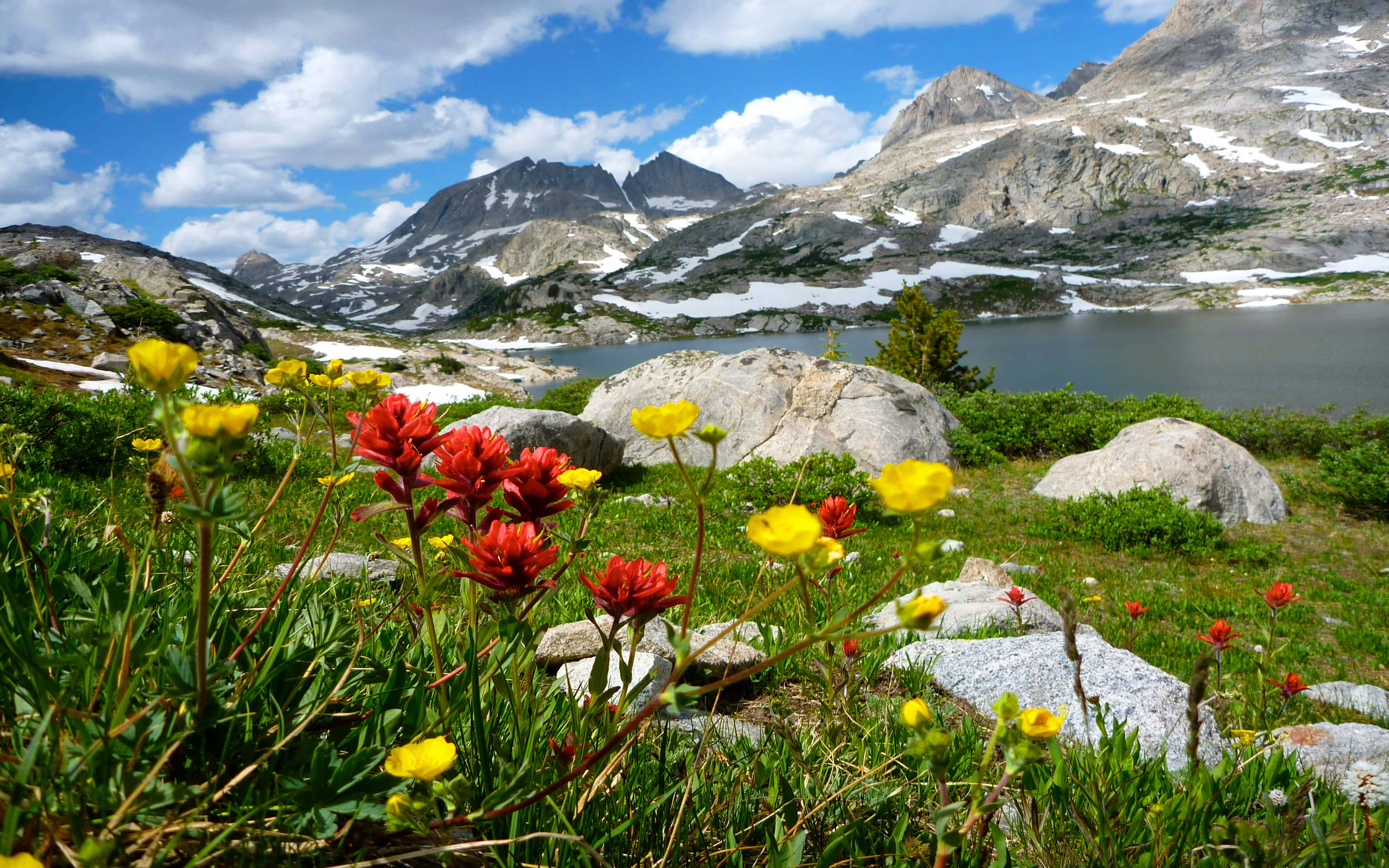 spring outdoors, alpine lake, snow-dusted mountains, 4K Desktop Wallpaper