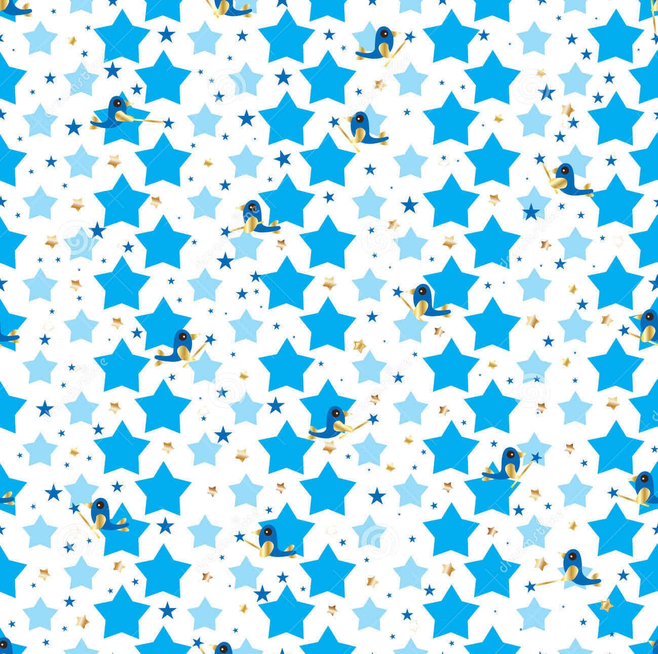 blue cartoon birds, repeating pattern of blue stars, gold sparkles, HD Desktop Wallpaper