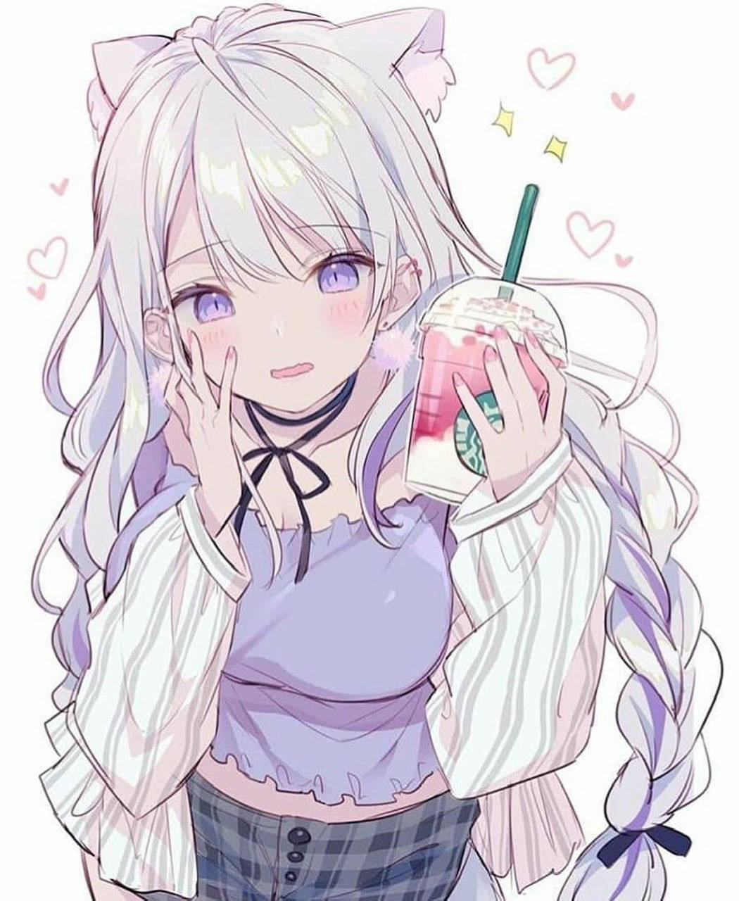 Starbucks, pink Starbucks drink, anime girl, HD Phone Wallpaper