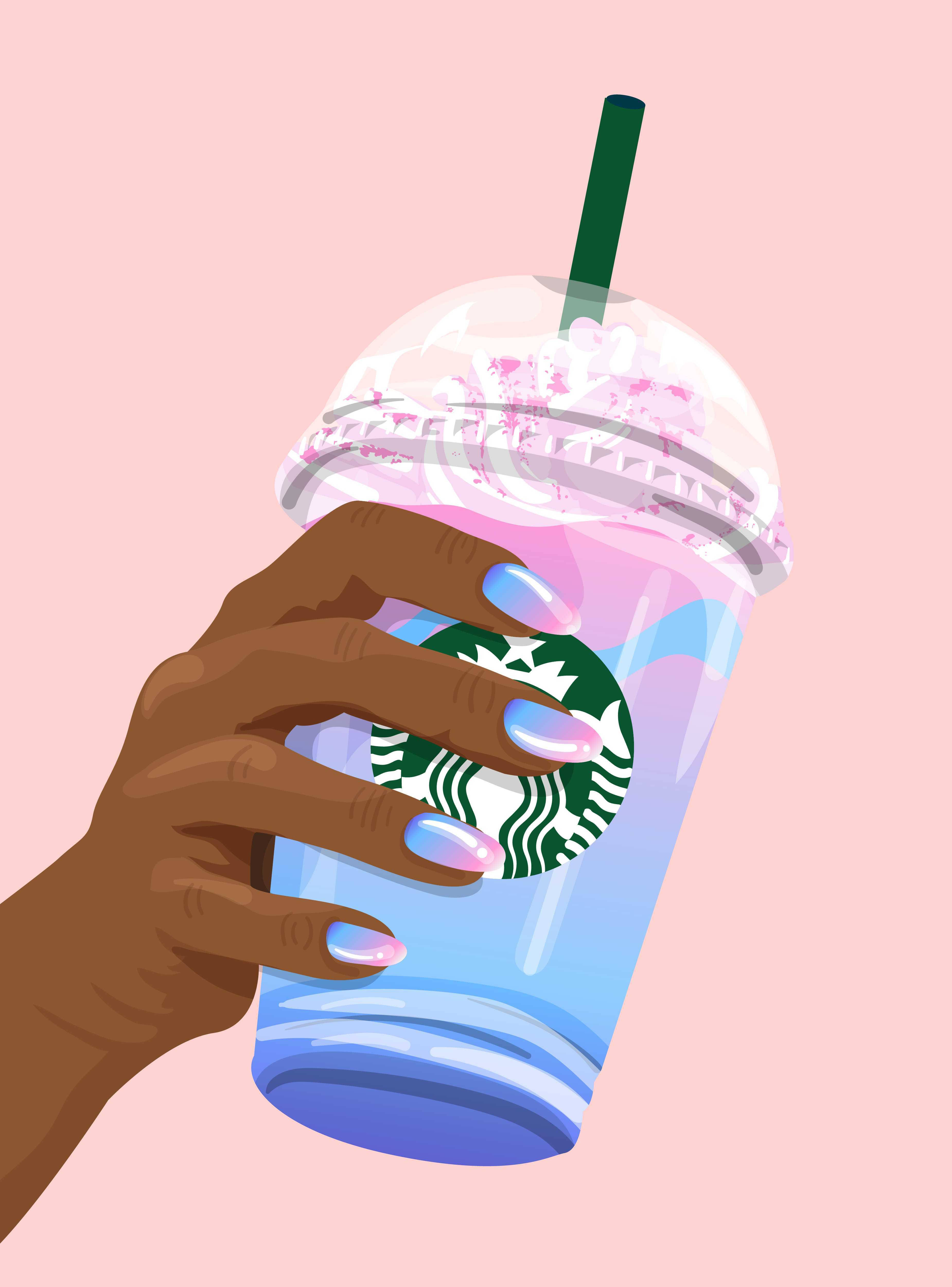 Starbucks, pastel nails, pink whipped cream, 4K Phone Wallpaper