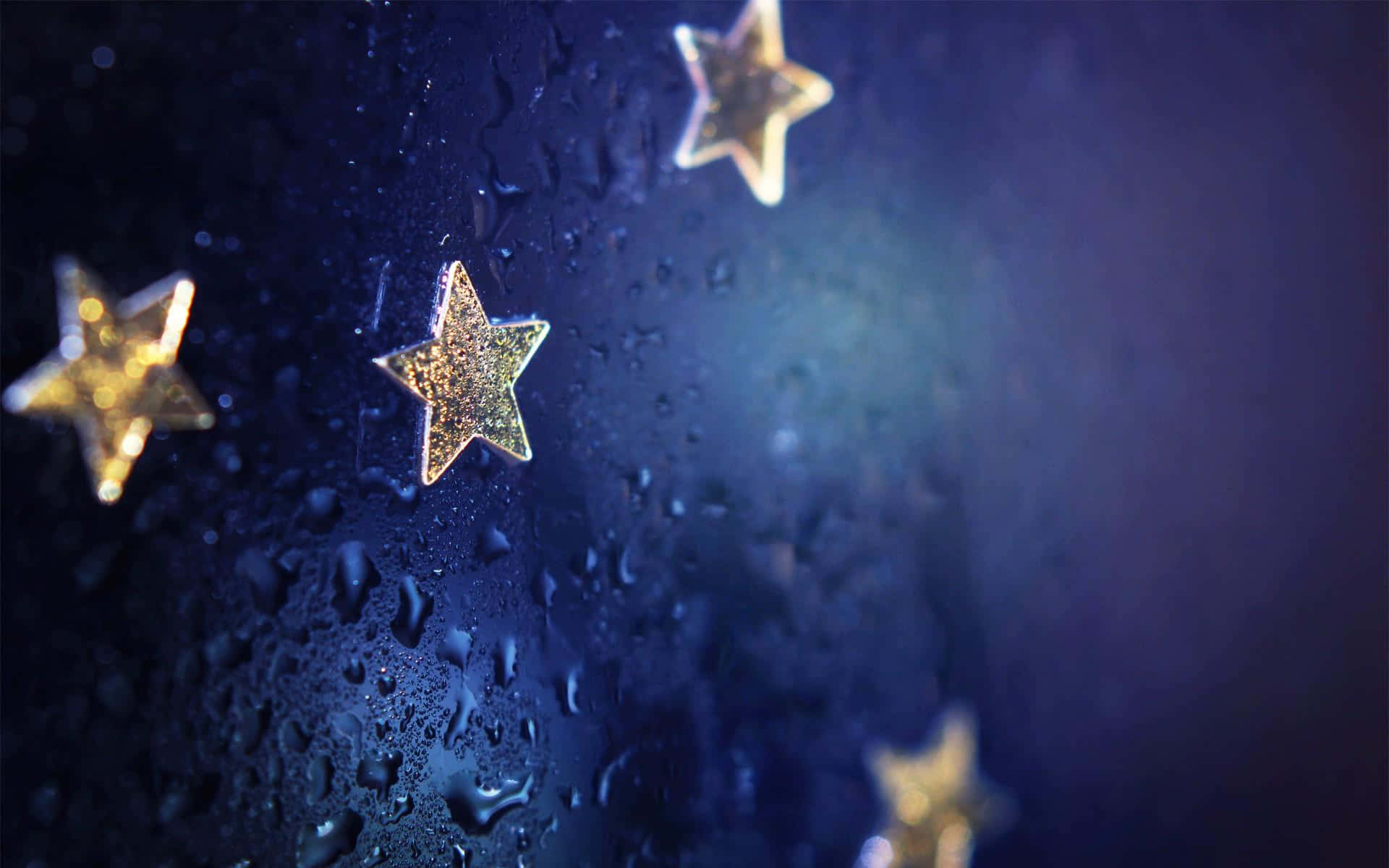 golden glittery stars, rain-speckled window, deep blue night sky, Full HD Desktop Wallpaper