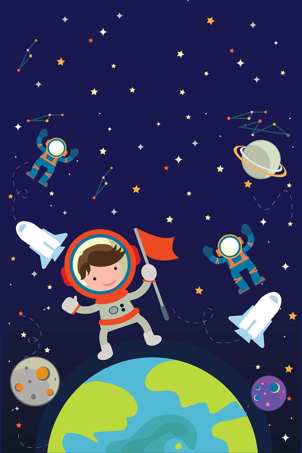 cartoon astronaut, red flag, starry space, HD Phone Wallpaper