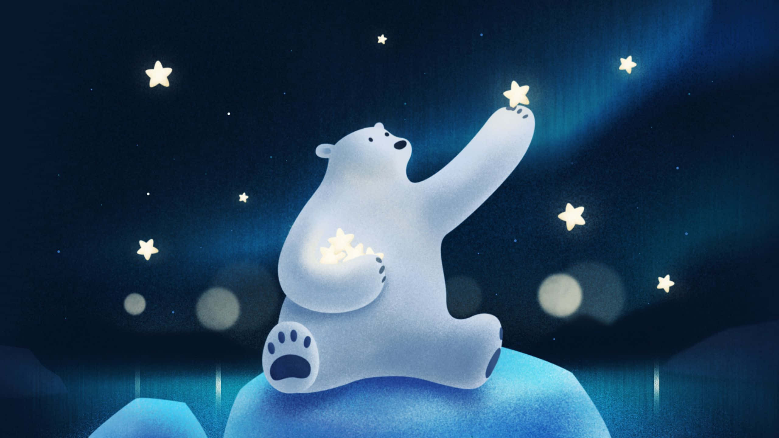 glowing white polar bear, blue iceberg, twinkling stars, 2K Desktop Wallpaper