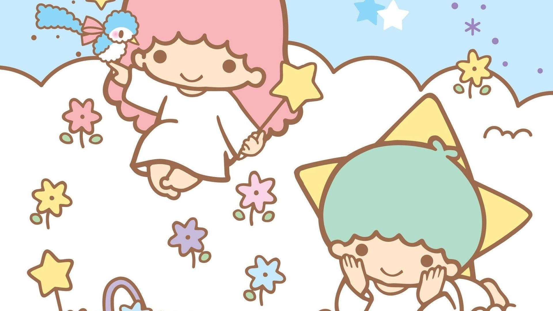 twin stars, star-shaped hats, clouds, Full HD Desktop Wallpaper