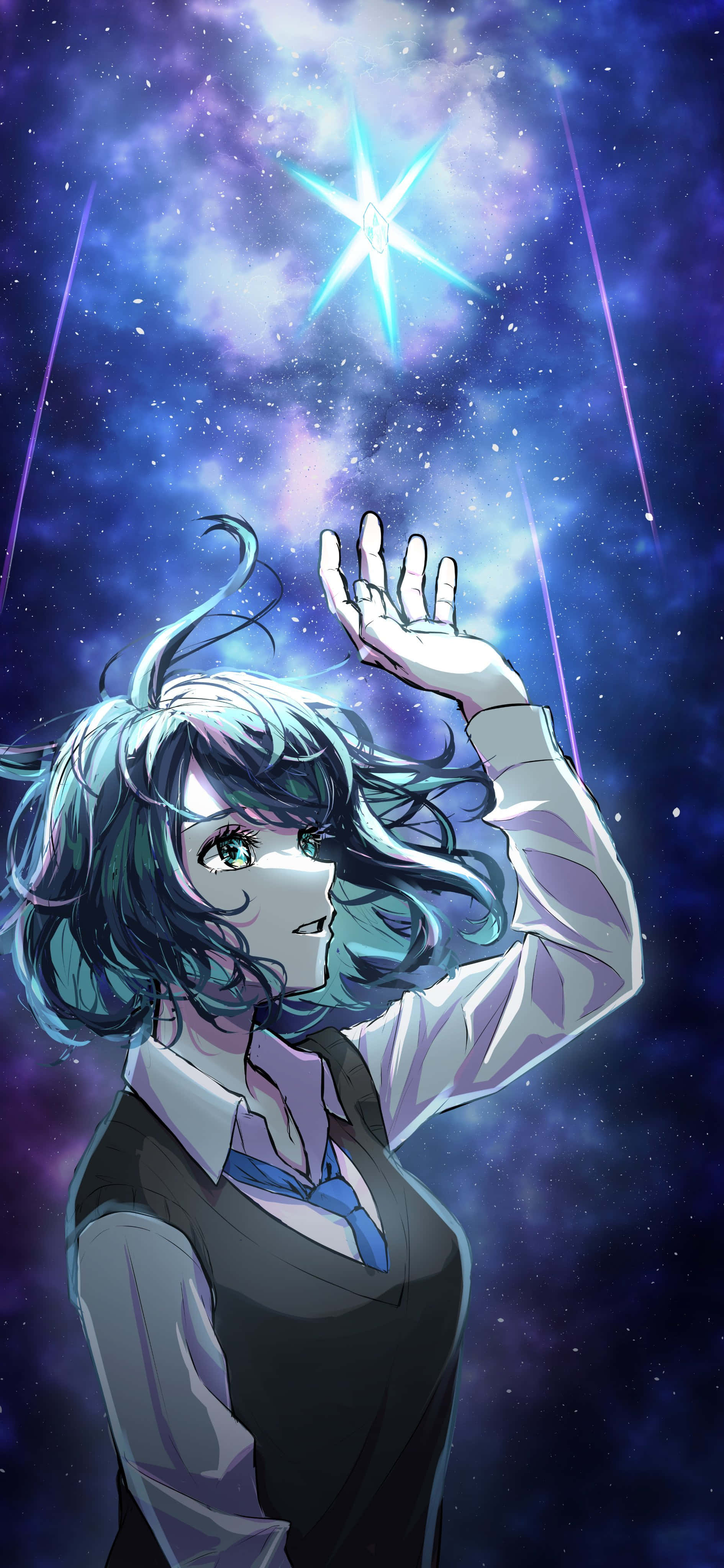 teal hair, radiant blue star, swirling purple galaxy, 4K Phone Wallpaper