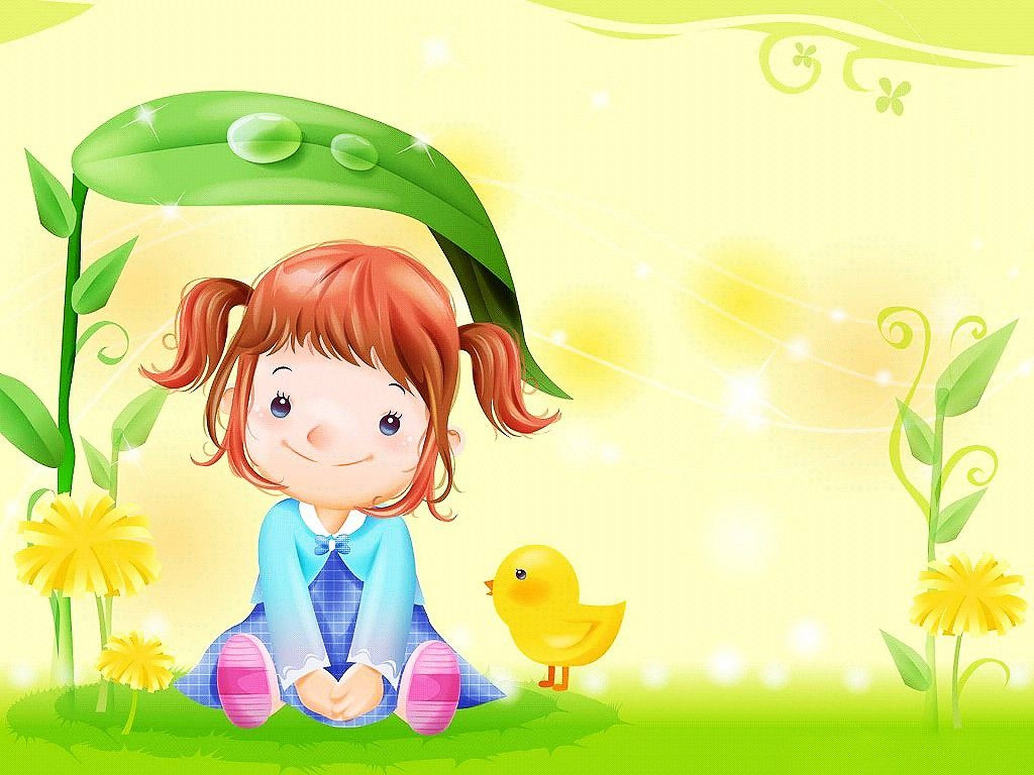 girly cartoon sticker, red pigtails, giant leaf umbrella, Full HD Desktop Wallpaper