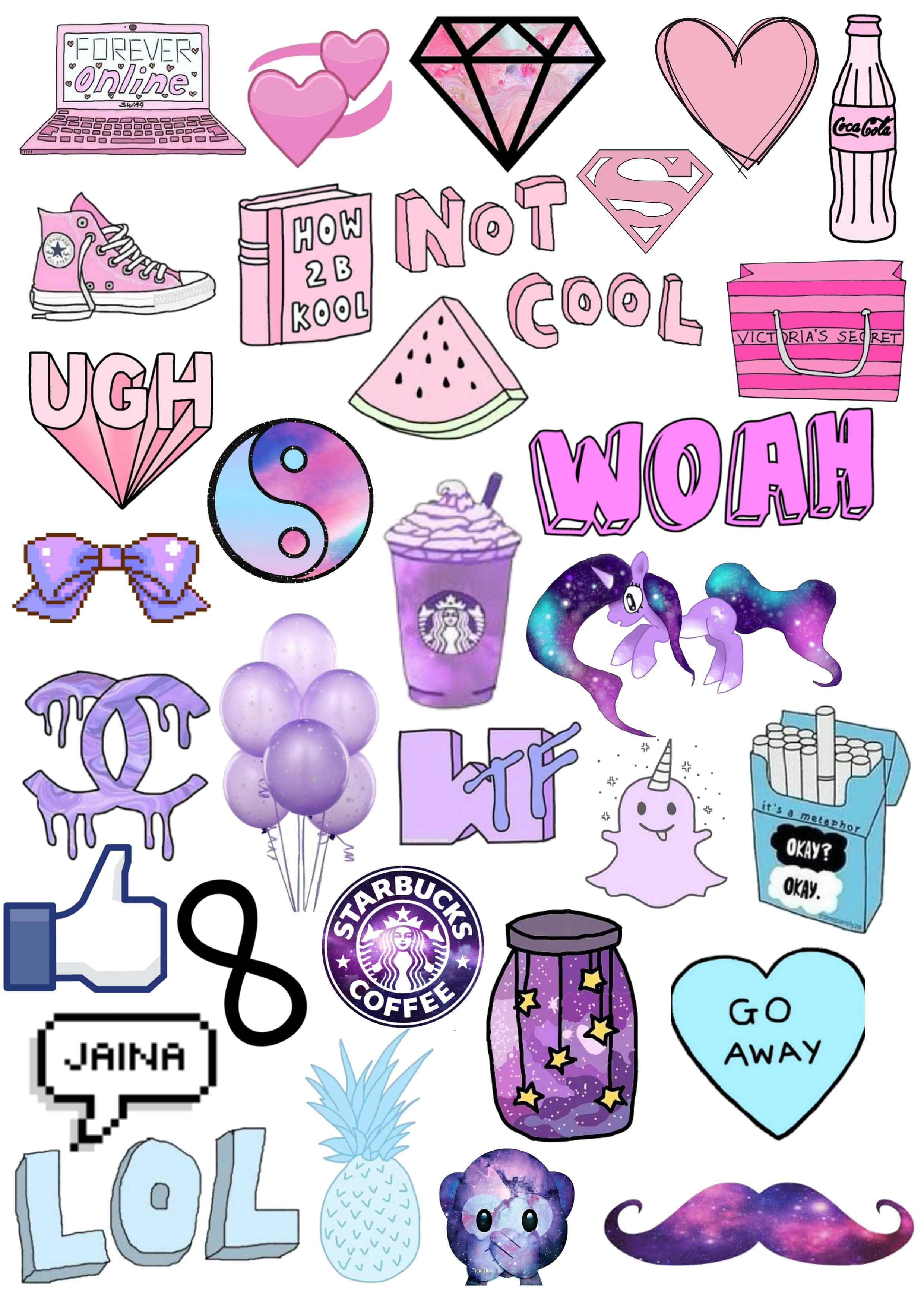 cute stickers, pink, purple, 2K Phone Wallpaper
