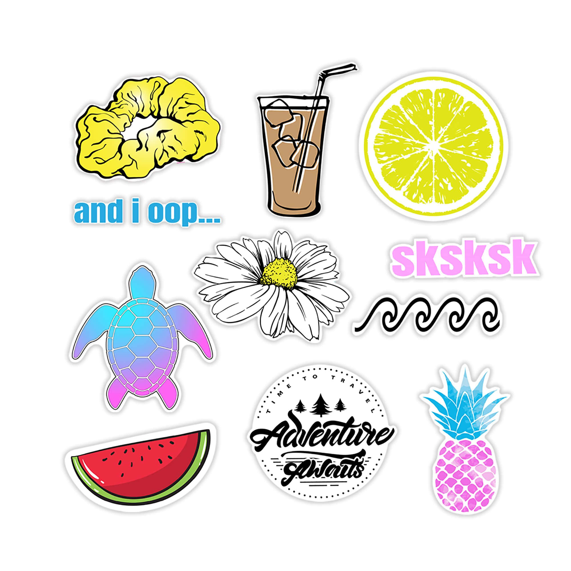 cute stickers, yellow scrunchie, iced drink, Full HD Desktop Wallpaper