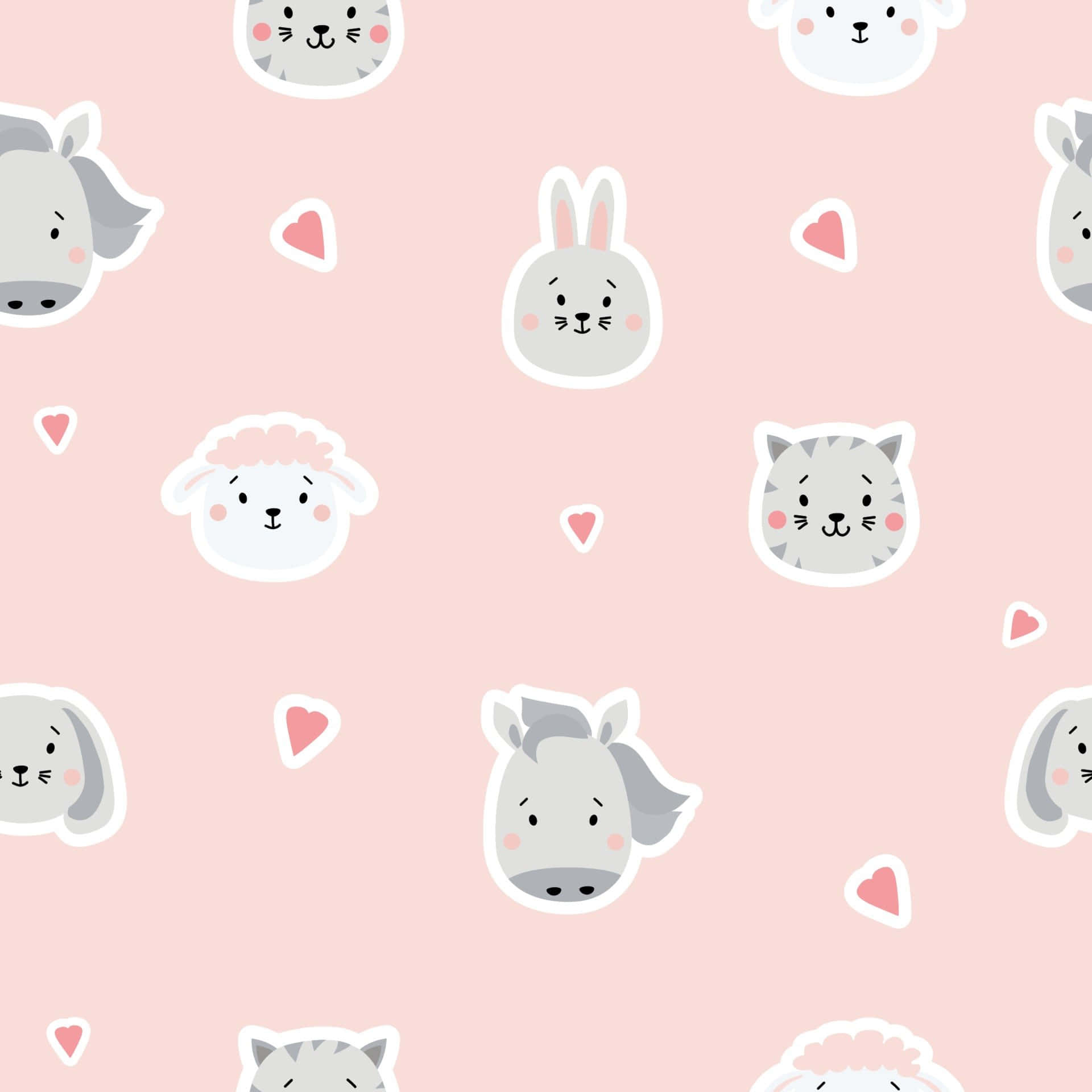 cute stickers, cartoon animal heads, hearts, Full HD Desktop Wallpaper