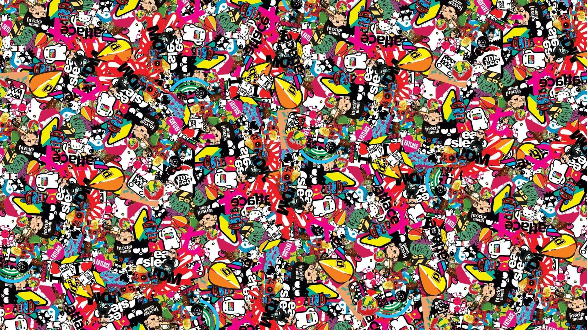 cute stickers, pink and black background, cartoon characters, Full HD Desktop Wallpaper