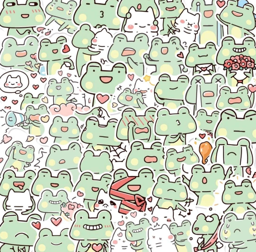 cute green frogs, white cats, hearts, SD Desktop Wallpaper