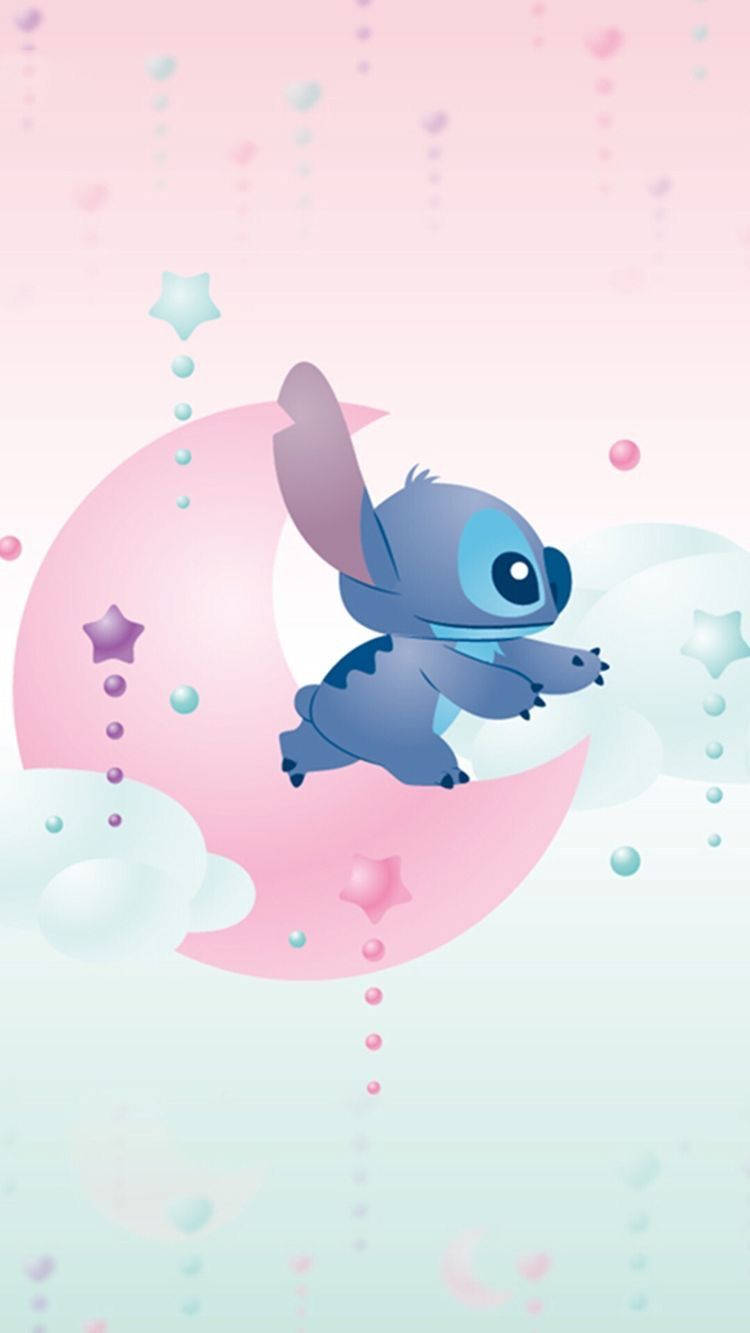 Stitch, pink crescent moon, pastel stars, HD Phone Wallpaper