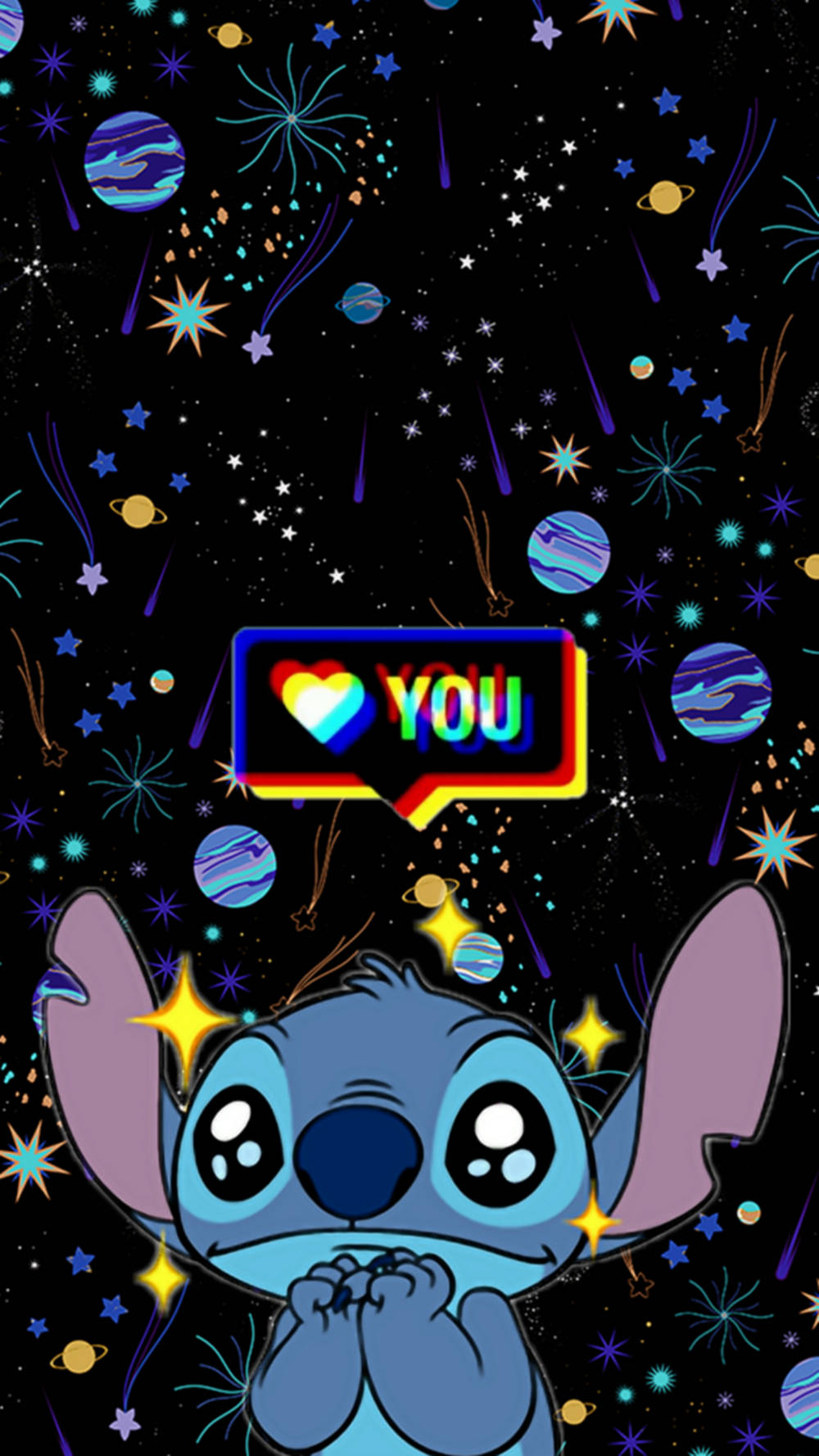 Cute Stitch, heart speech bubble, cosmic sky, HD Phone Wallpaper