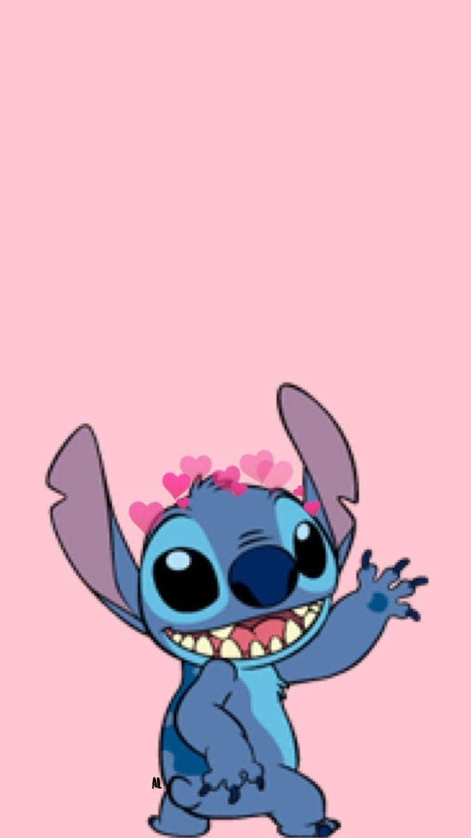 Pink Stitch, blue cartoon alien, heart-shaped accessories, SD Phone Wallpaper