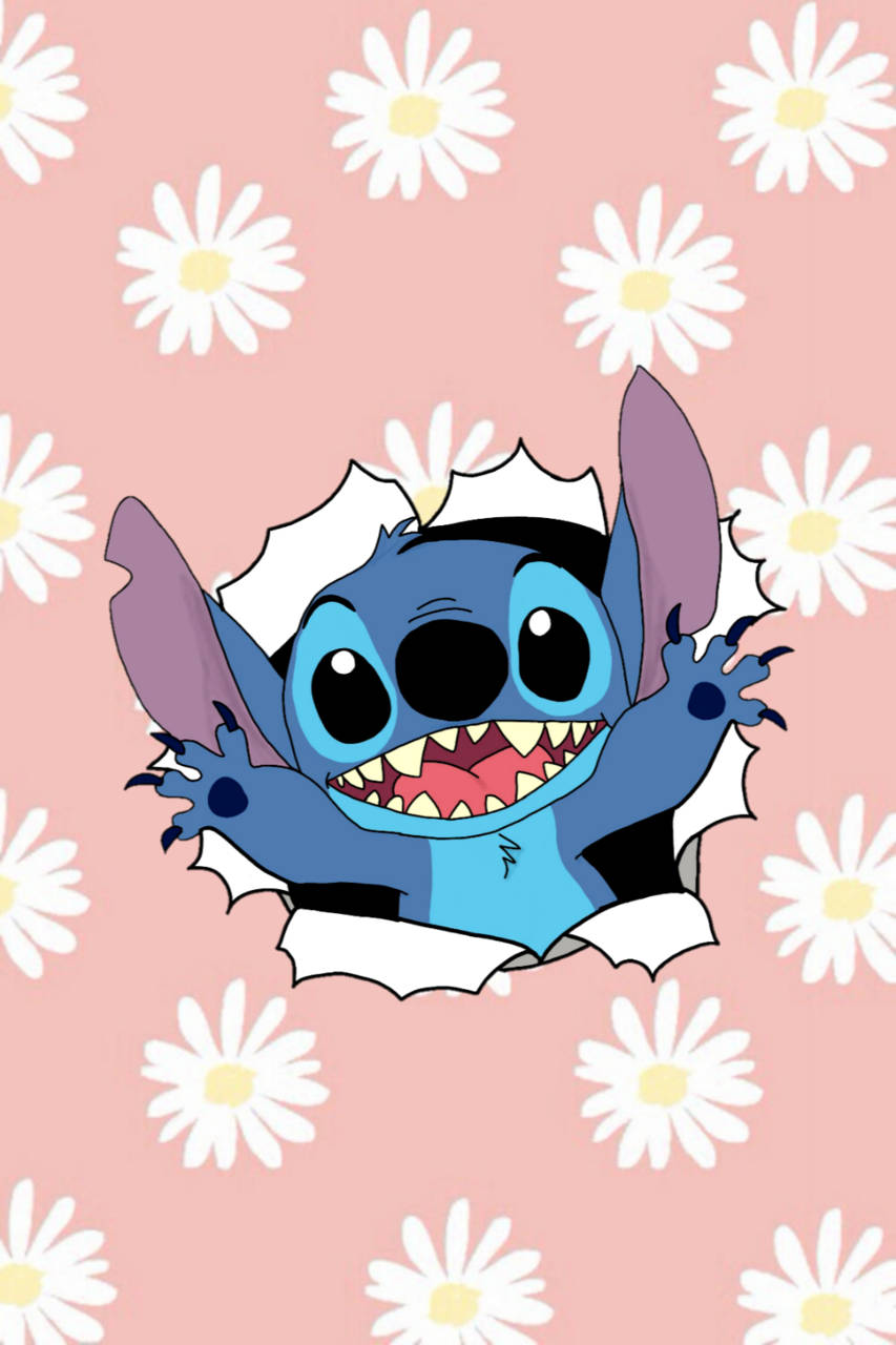 Cute Stitch, floral backdrop, pink background, HD Phone Wallpaper