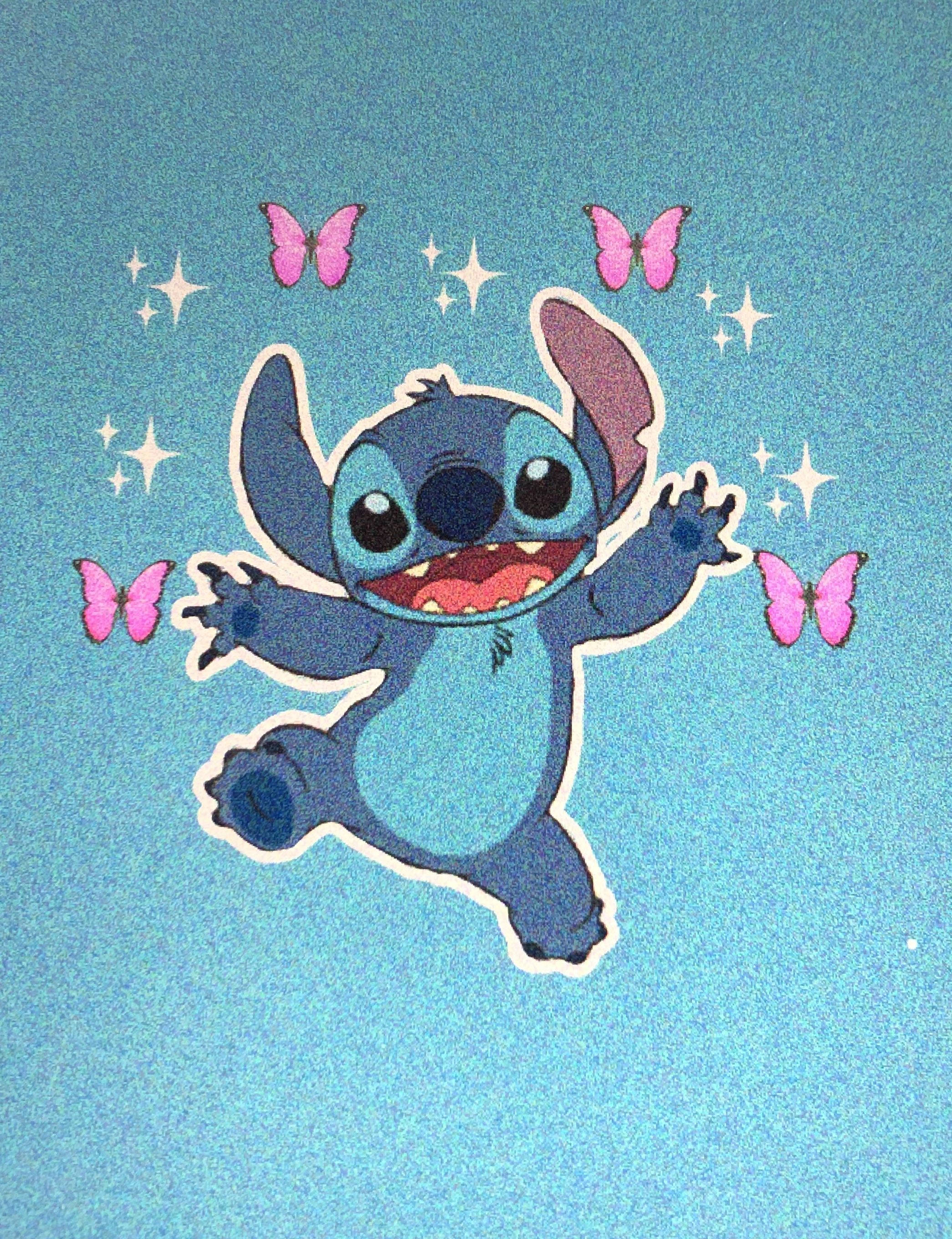Cute Stitch, pink butterflies, sparkling stars, 2K Phone Wallpaper