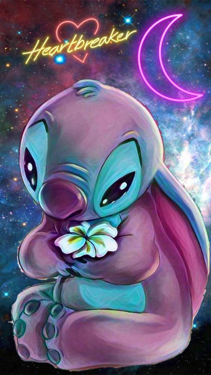 Cute Stitch, purple alien character, white flower, HD Phone Wallpaper