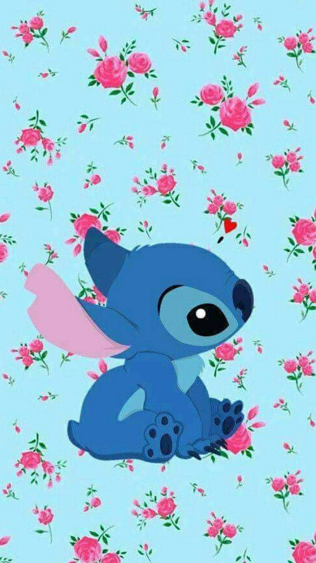 Cute Stitch, floral design, pink roses, Full HD Phone Wallpaper