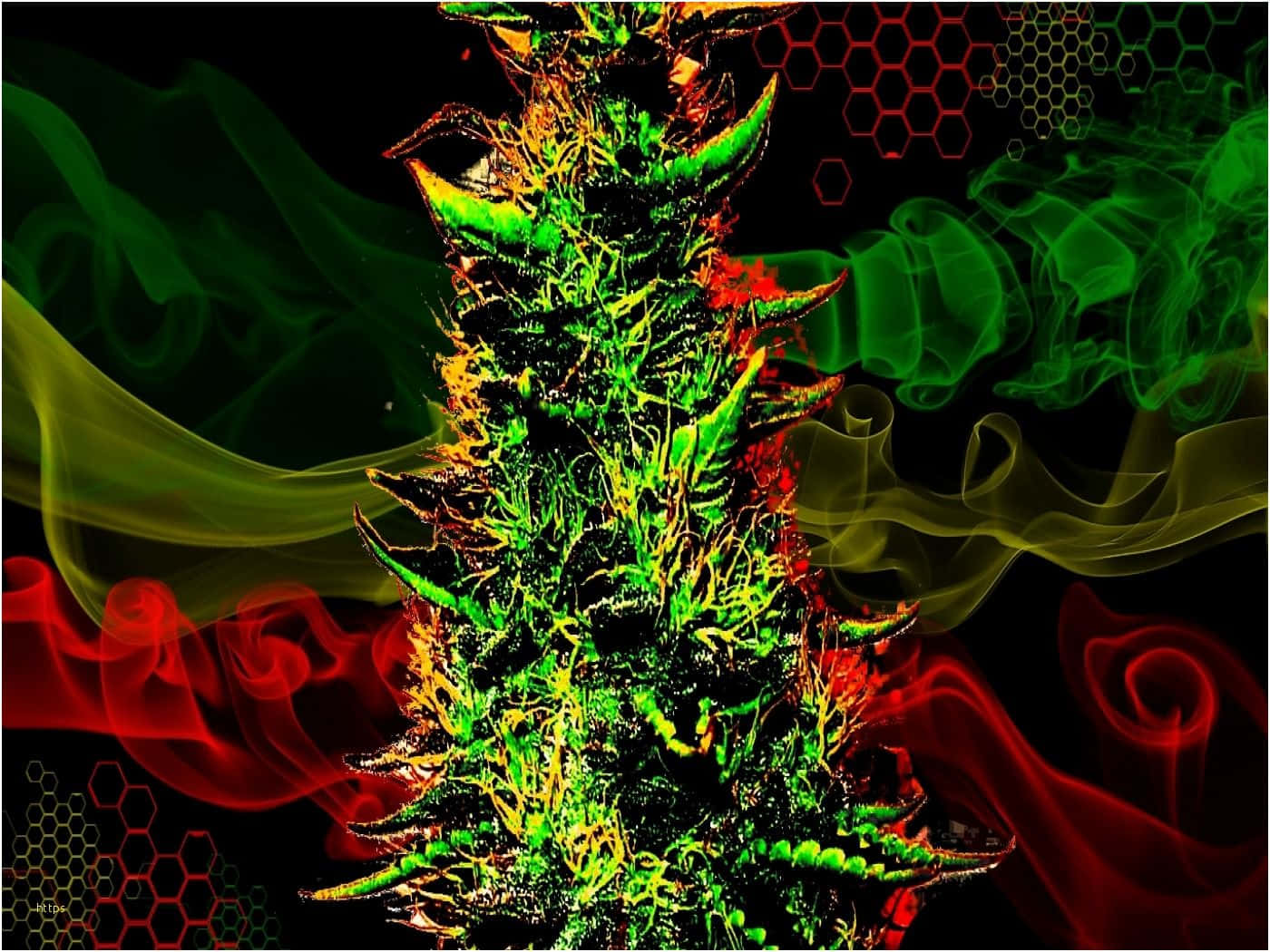 neon green, fiery red accents, swirling smoke, HD Desktop Wallpaper