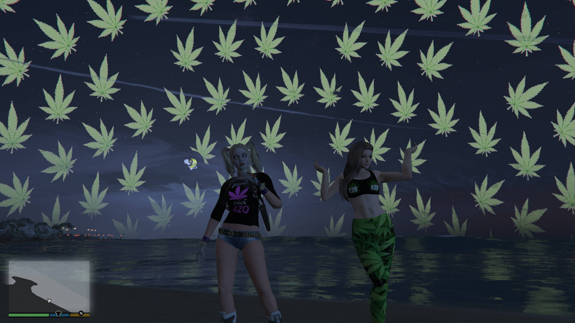 stoned cartoon, cannabis leaf patterns, beach at night, Full HD Desktop Wallpaper