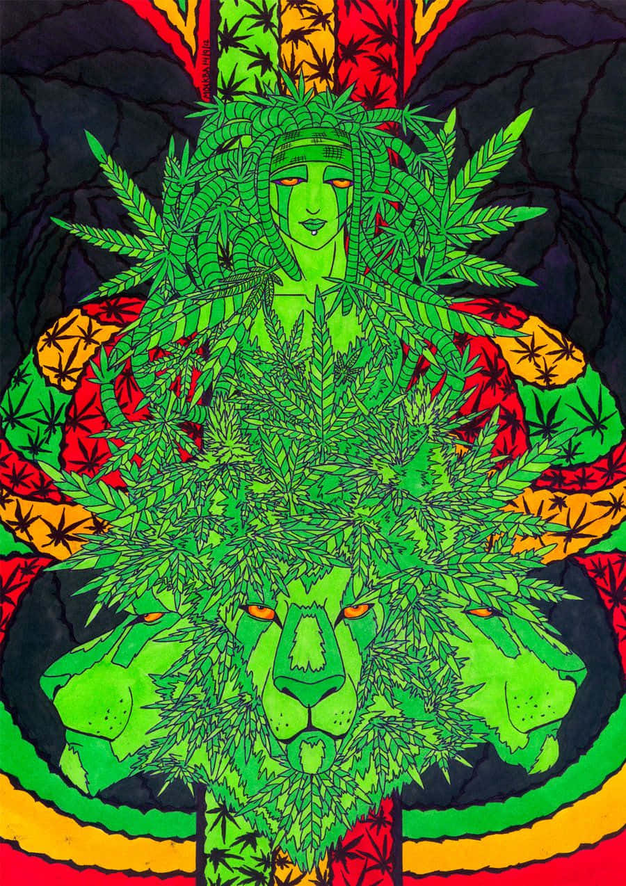 green lion-headed figure, woman crowned with cannabis leaves, tri-color background, SD Phone Wallpaper