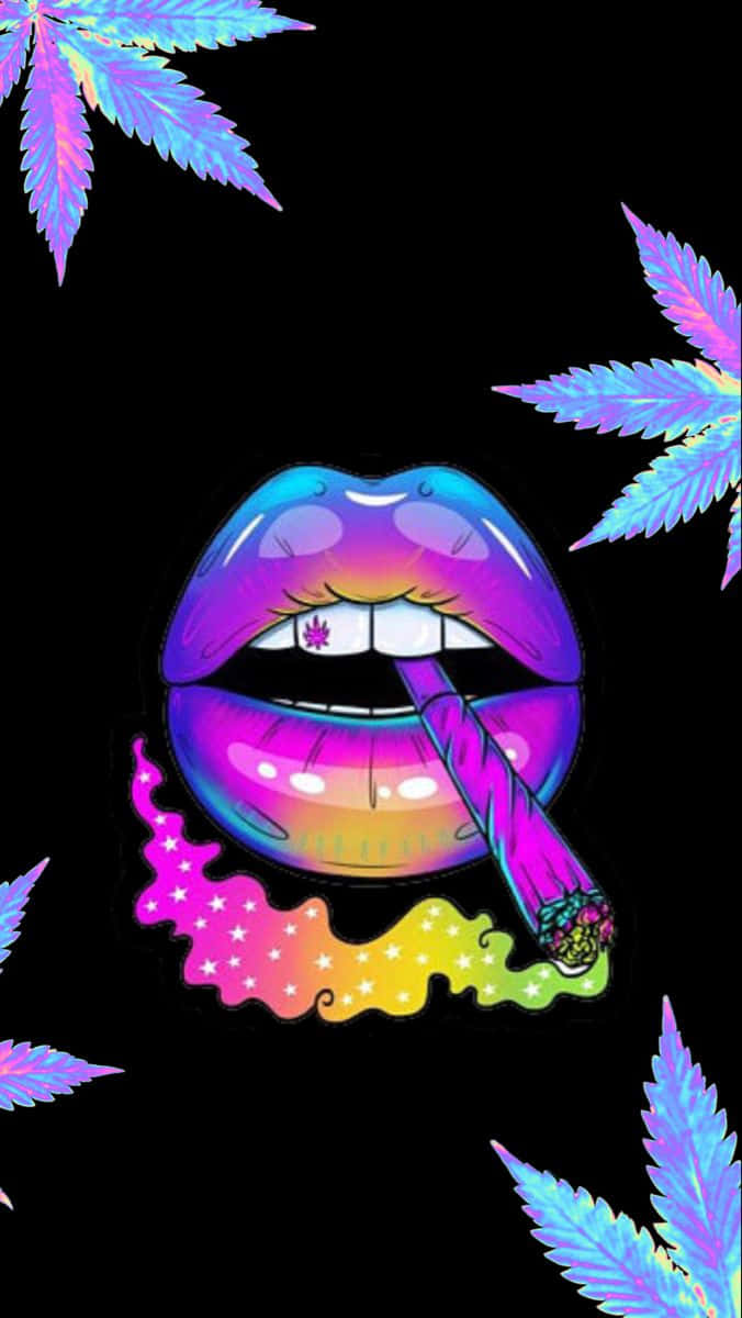 rainbow lips, glowing neon cannabis leaves, black background, SD Phone Wallpaper
