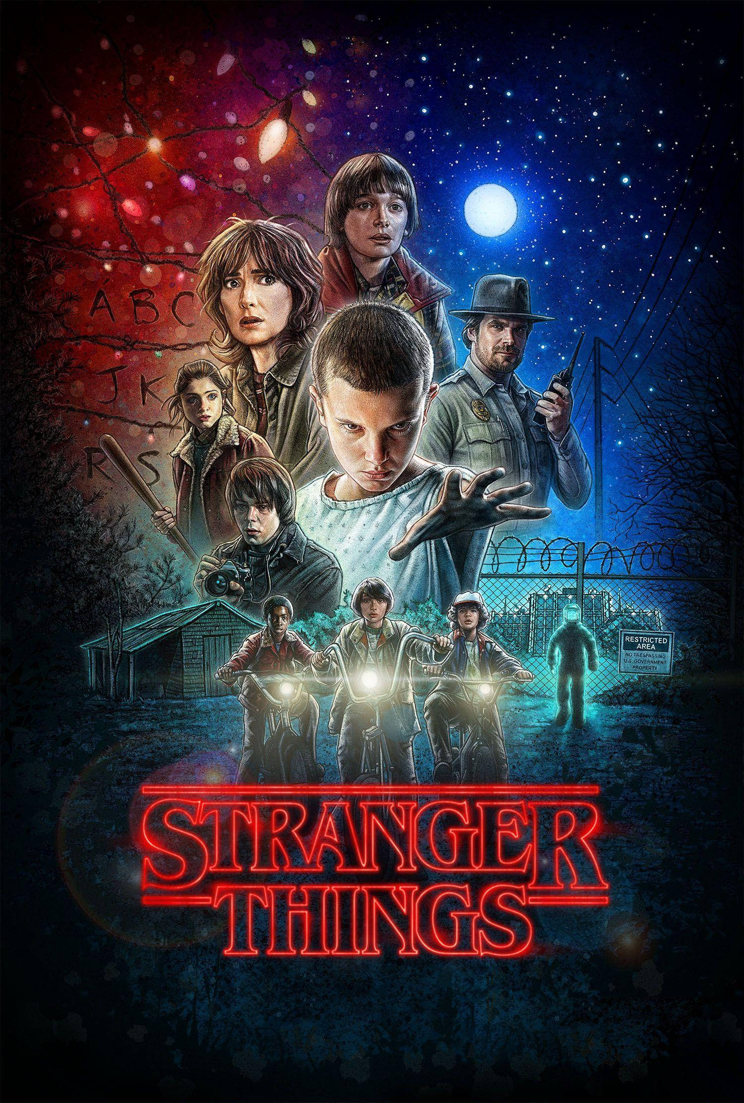 Cute Stranger Things, movie poster, eerie night scene, Full HD Phone Wallpaper