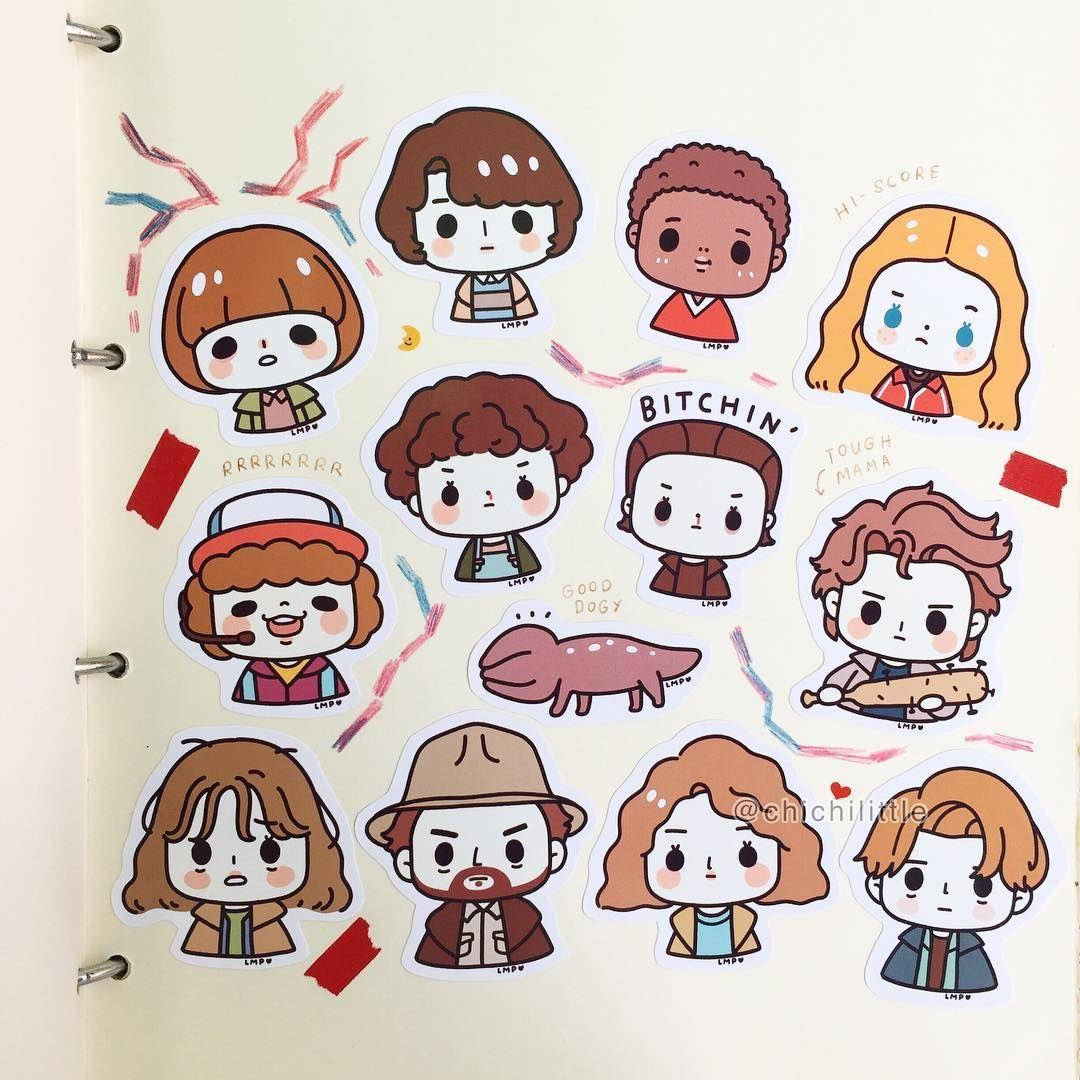 Cute Stranger Things, chibi-style stickers, spiral-bound notebook, SD Desktop Wallpaper