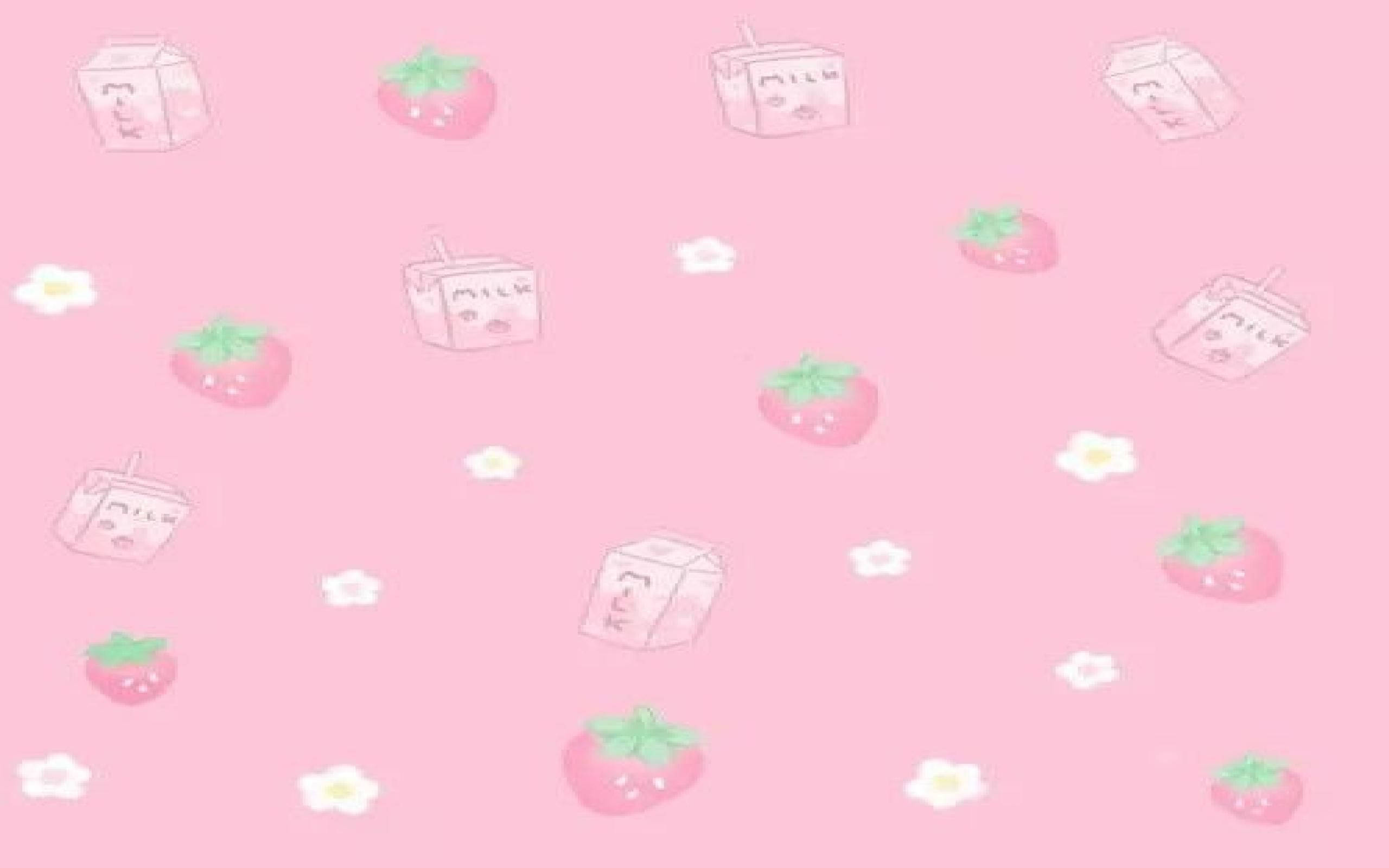 strawberry milk, pink background, cartoon strawberries, 2K Desktop Wallpaper