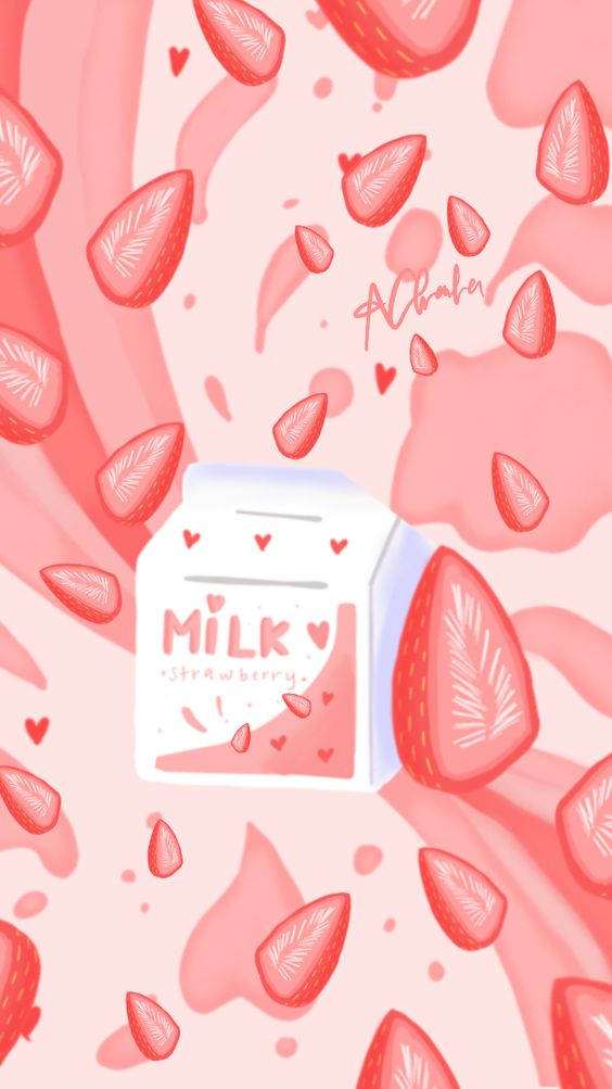 strawberry milk carton, pastel pink, floating sliced strawberries, SD Phone Wallpaper