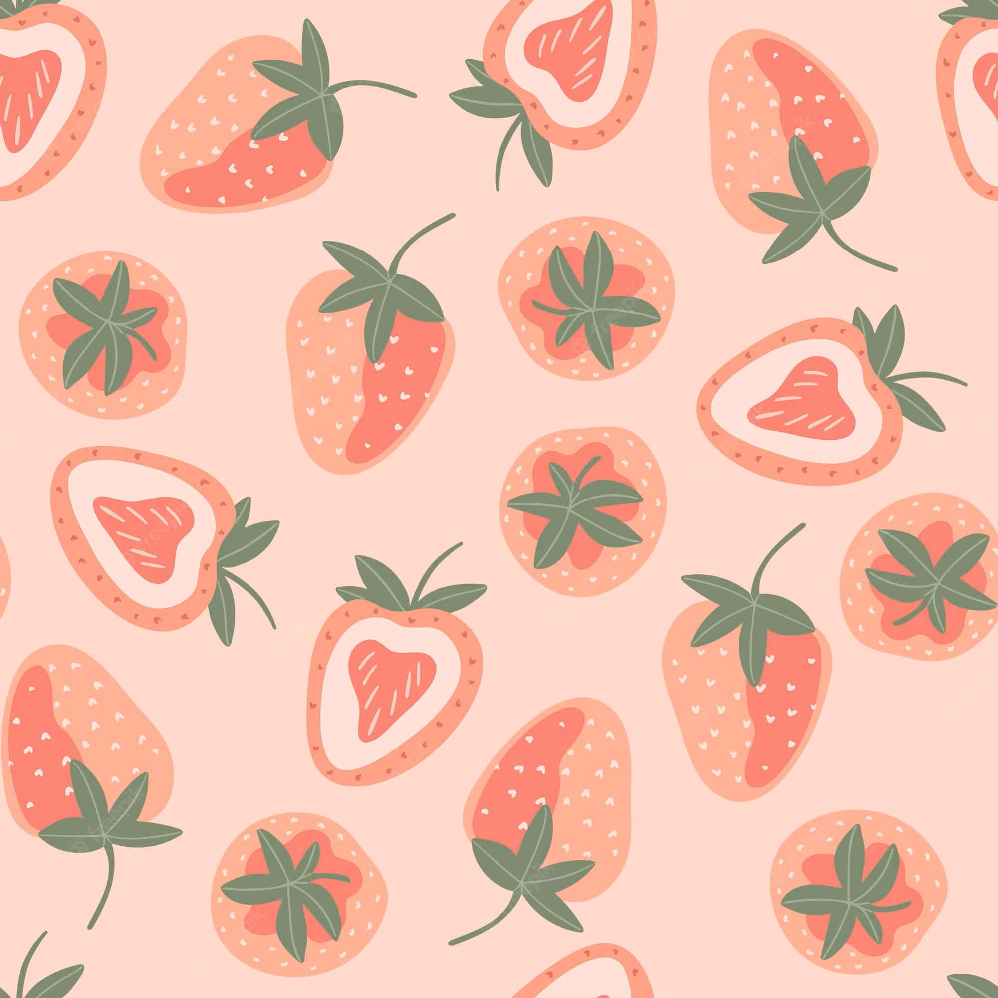 pastel strawberry, whole and sliced strawberries, green leaves, Full HD Desktop Wallpaper