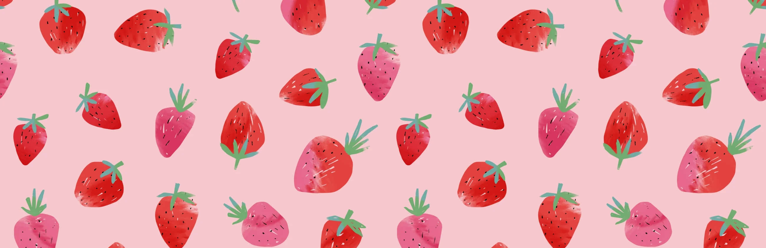 pink strawberry pattern, red strawberries, green stems, 2K Desktop Wallpaper