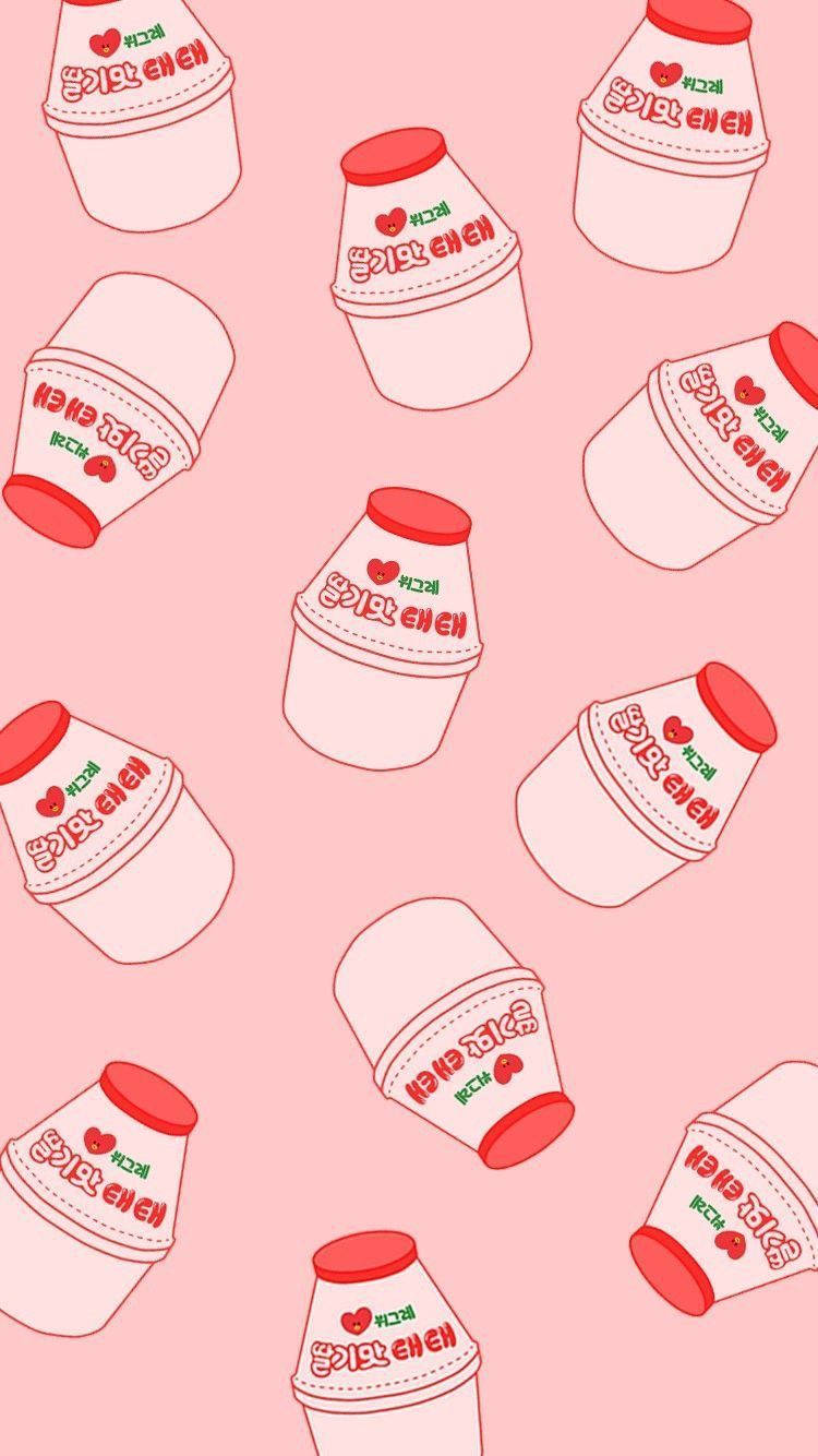 strawberry aesthetic, pink background, cartoon-style Korean milk tea cups, HD Phone Wallpaper
