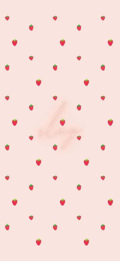 pink strawberry pattern, red strawberries, glowing cursive slay text, SD Phone Wallpaper