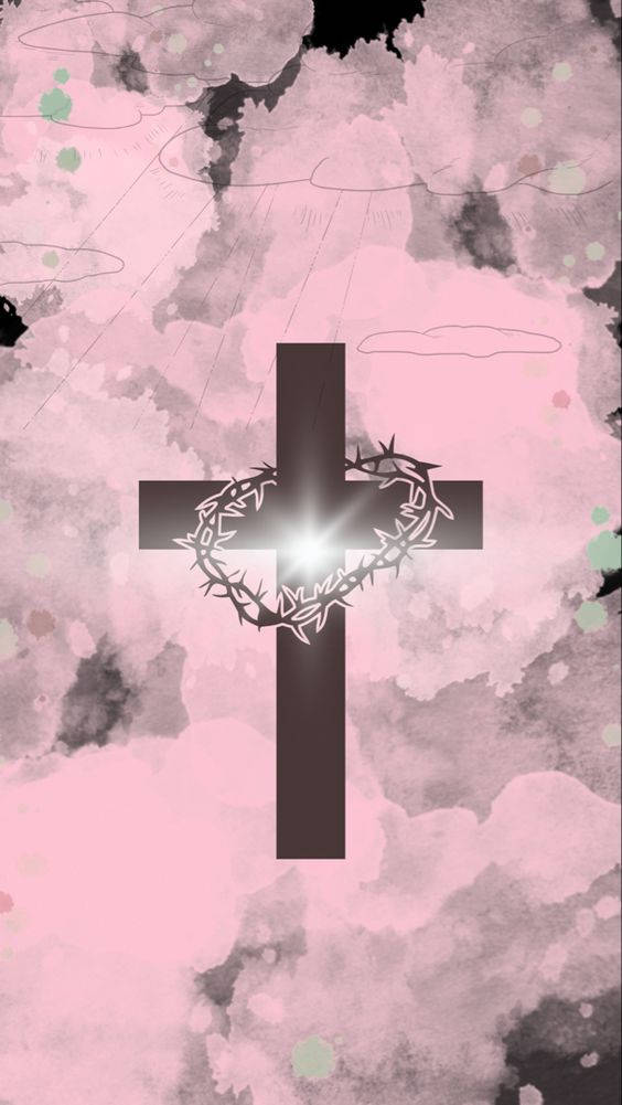 Cute Girly Cross, glowing crown of thorns, soft pink watercolor sky, SD Phone Wallpaper