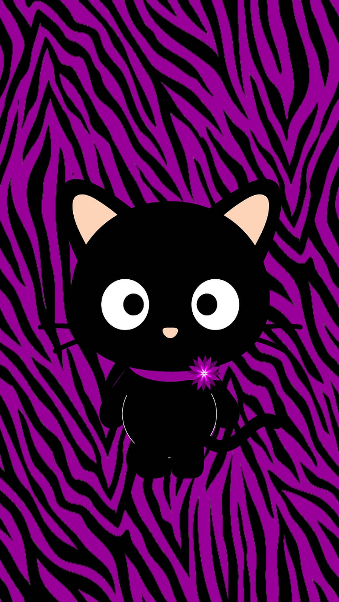purple zebra stripes, black cartoon cat, big white eyes, Full HD Phone Wallpaper