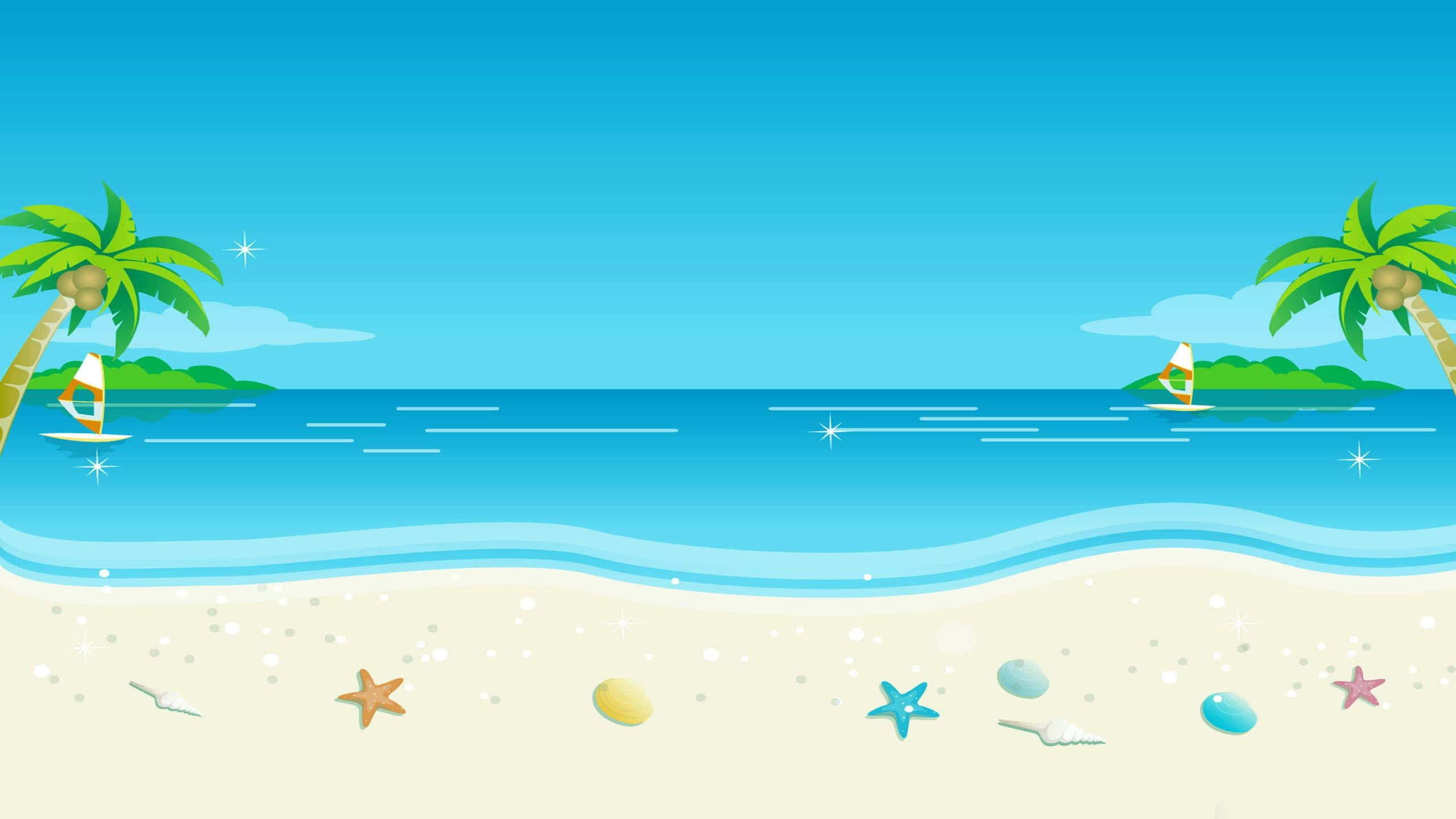 cute summer beach, cartoon beach scene, palm trees, 2K Desktop Wallpaper