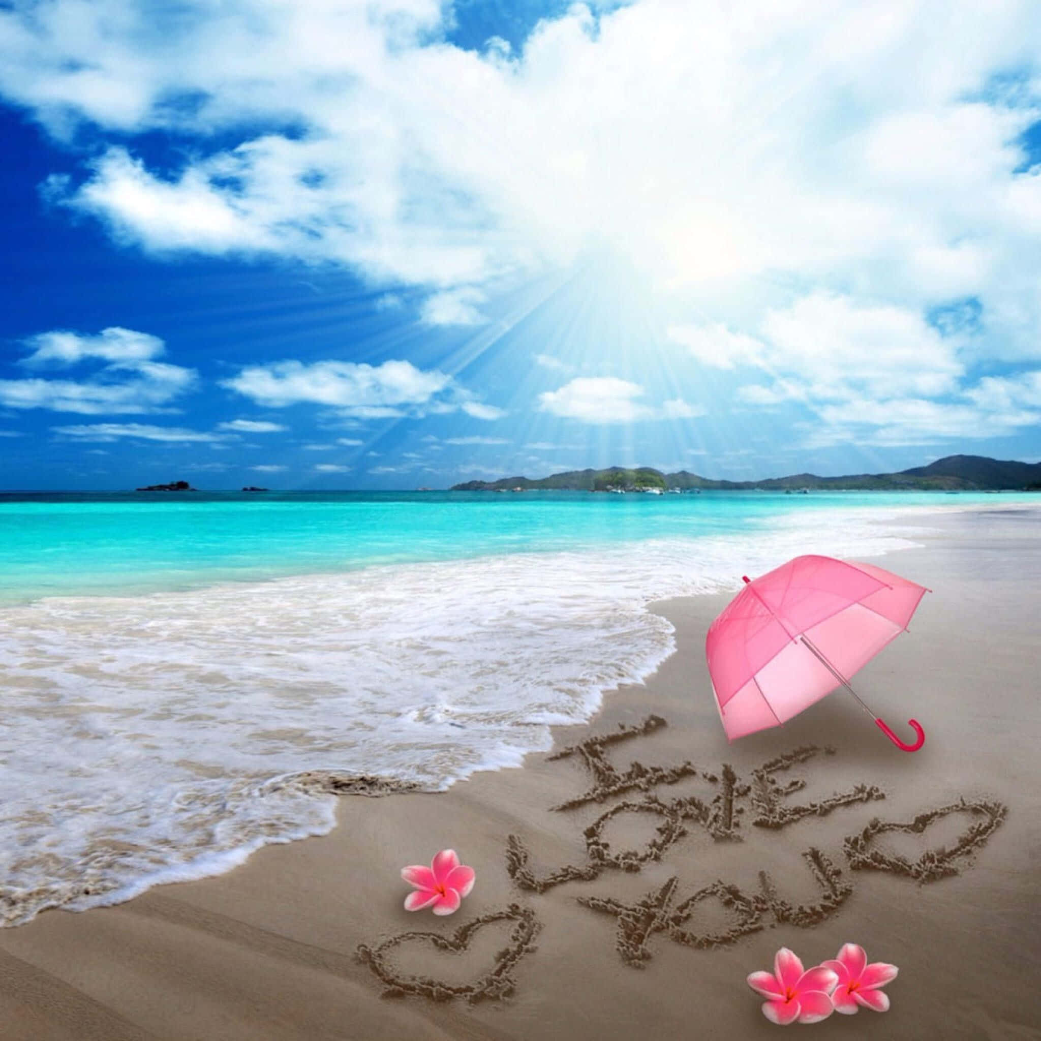 pink umbrella, sandy beach, bright blue sky, Full HD Desktop Wallpaper
