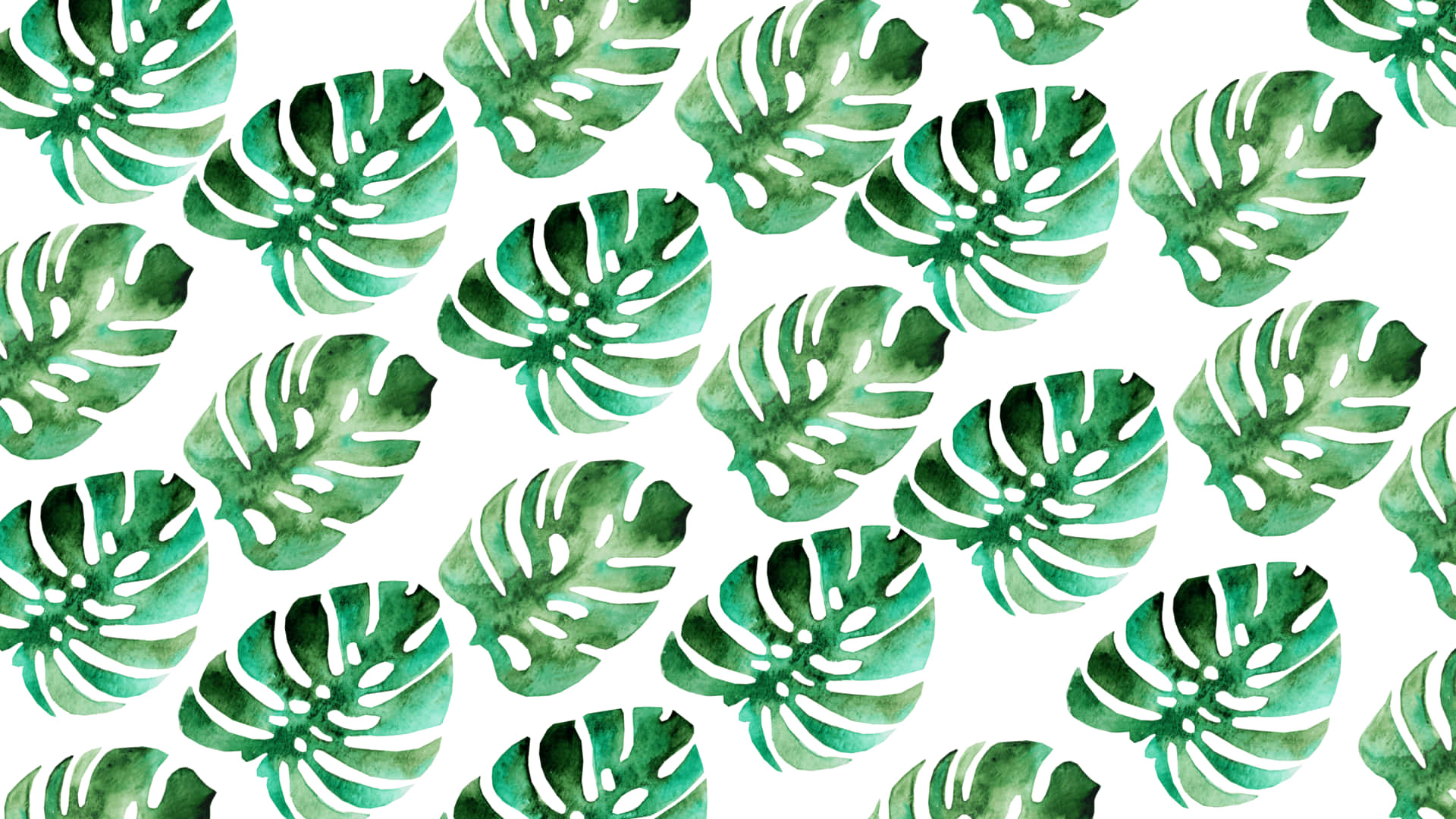 cute summer desktop, vibrant green monstera leaves, watercolor style, Full HD Desktop Wallpaper
