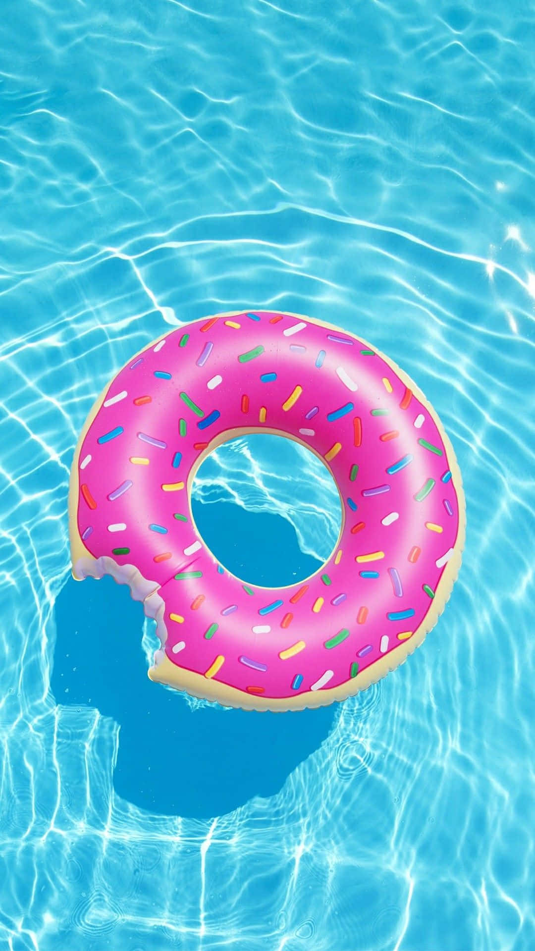 pink sprinkle donut, pool float, clear blue water, Full HD Phone Wallpaper