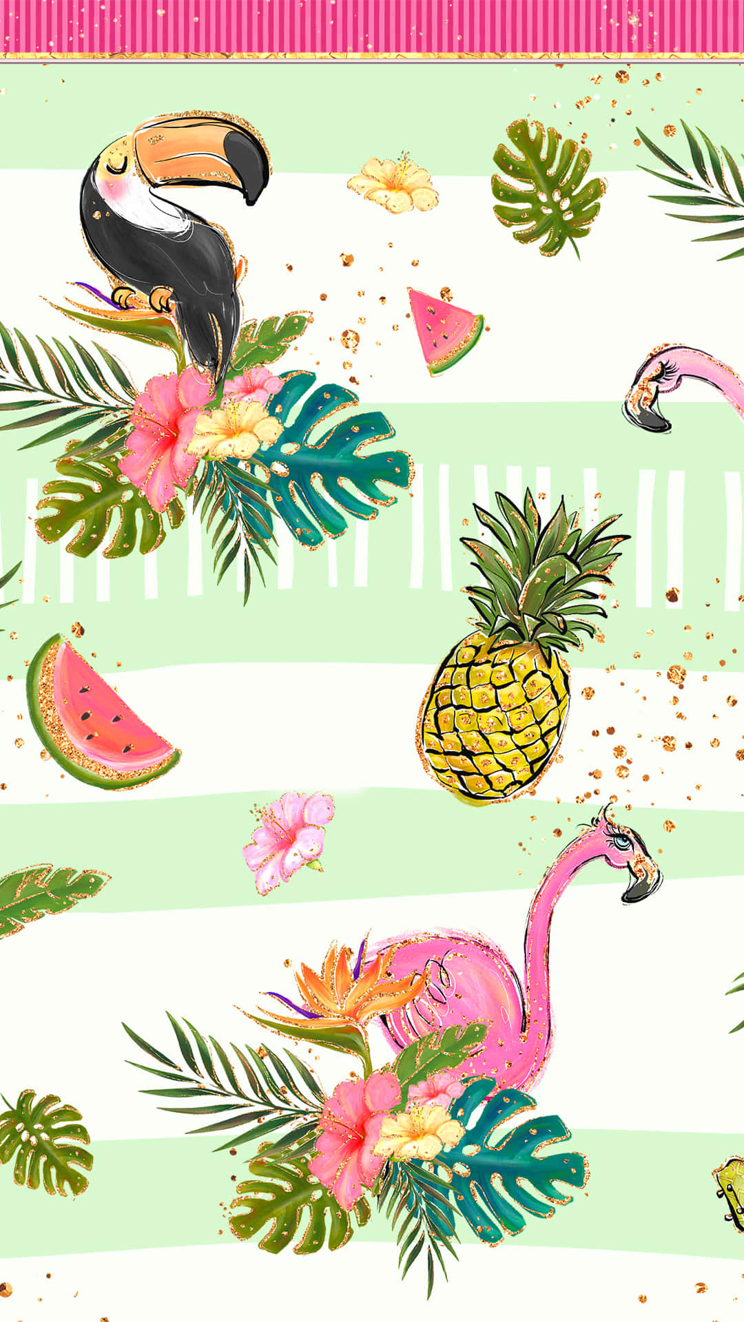 toucans, flamingos, pineapples, Full HD Phone Wallpaper